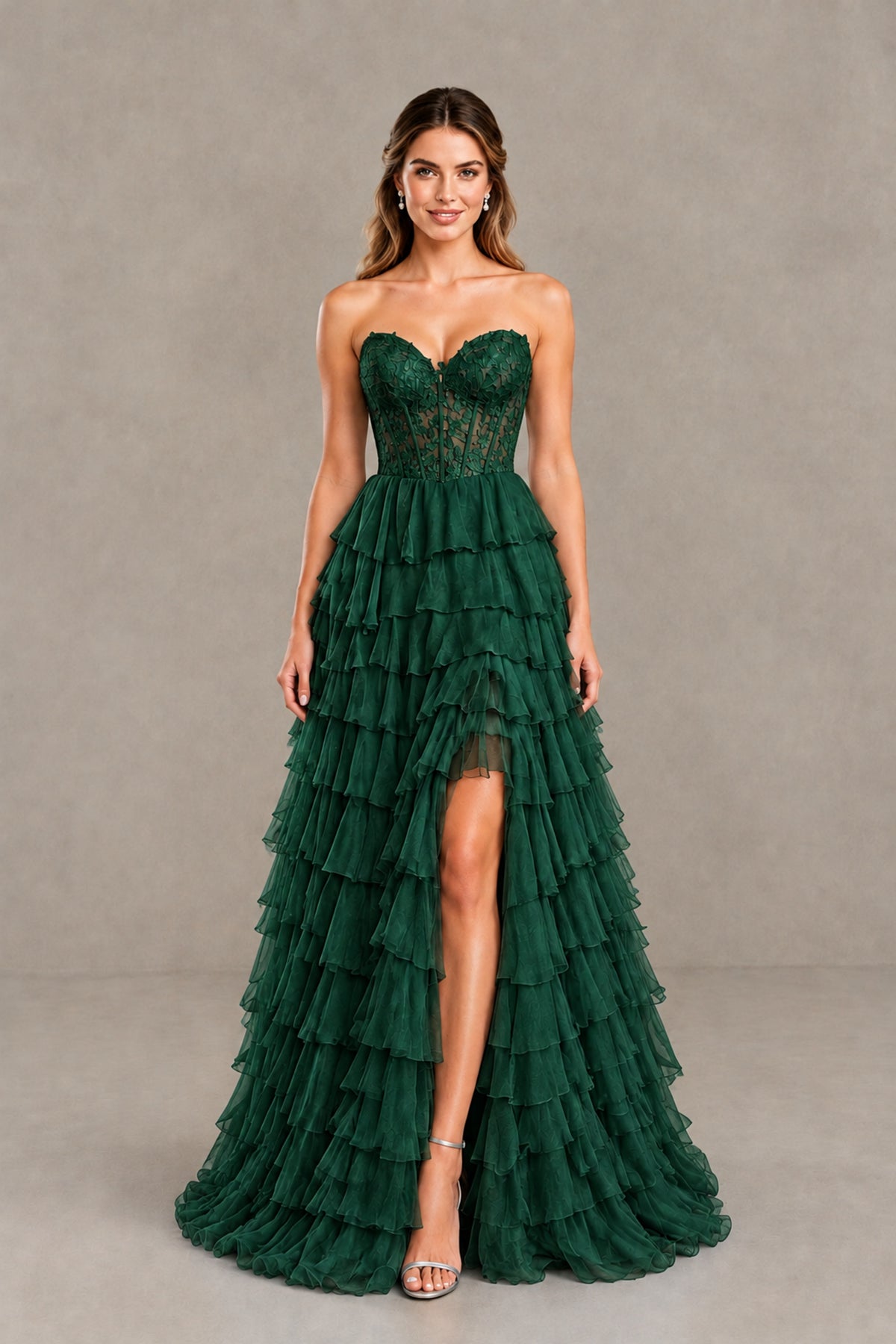BOLODOO Emerald Green Strapless Lace Corset Tiered Ruffle Prom Dress with Slit - Emerald Green - Emerald Green (1)
