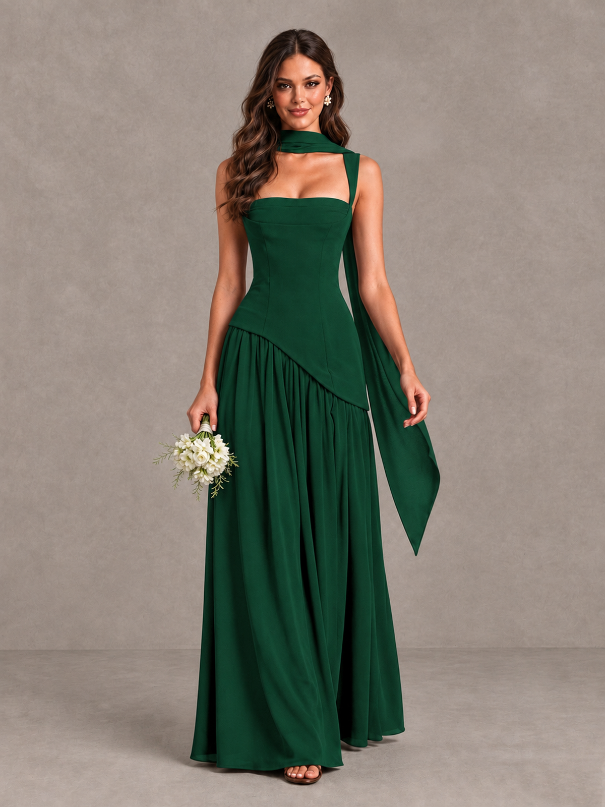BOLODOO Emerald Green Brown Scarf Bridesmaid Dress with Lace-Up Back - Emerald Green - Emerald Green (1)