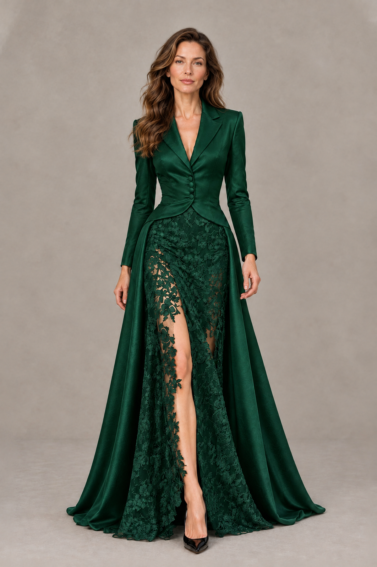 BOLODOO Emerald Green Long Sleeve Lace Blazer Gown with High Slit - Emerald Green - Emerald Green (1)