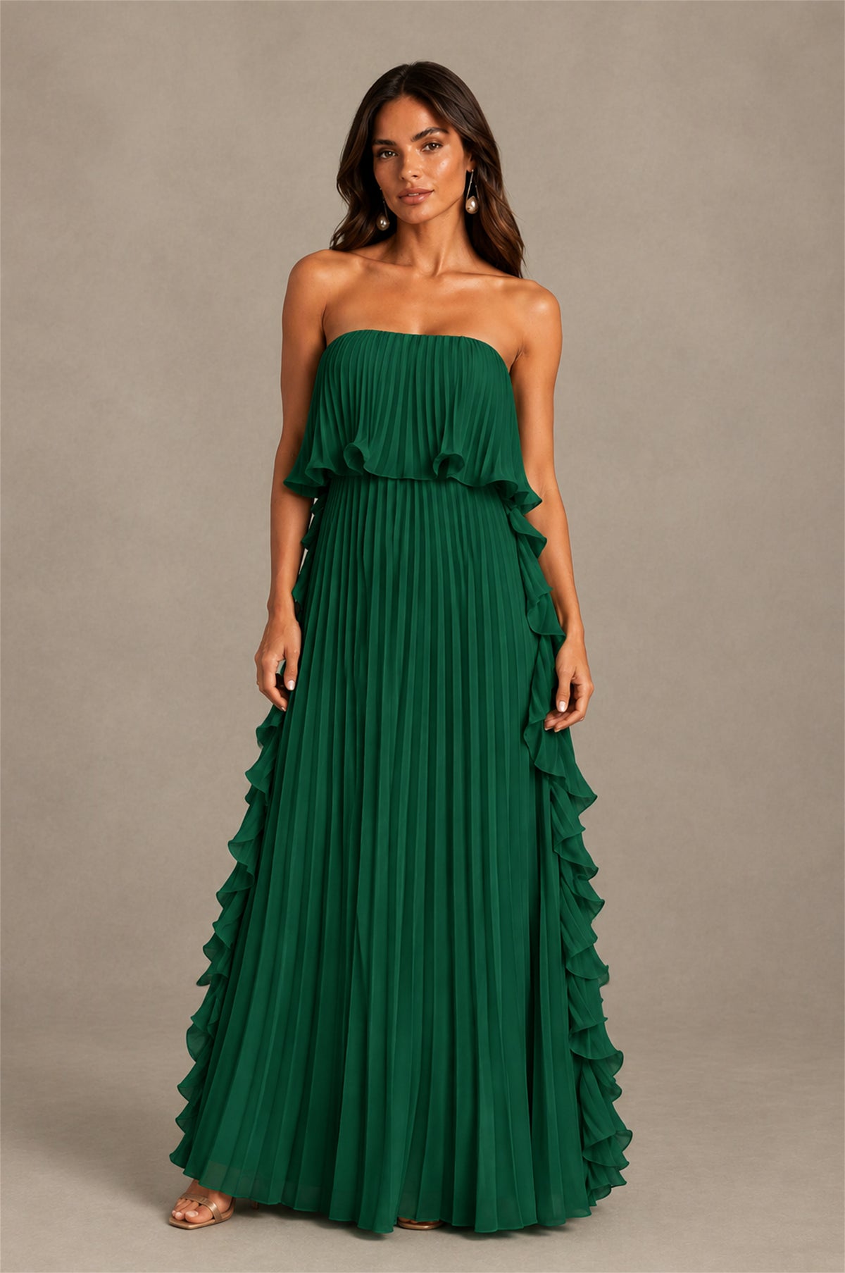 BOLODOO Emerald Green Strapless Ruffle Bodice Dual Cascading Ruffle Accordion Pleated Chiffon Maxi Dress - Emerald Green