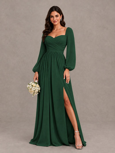 BOLODOO Emerald Green Long Sleeve Chiffon Bridesmaid Dress with Slit - Emerald Green - Emerald Green (1)
