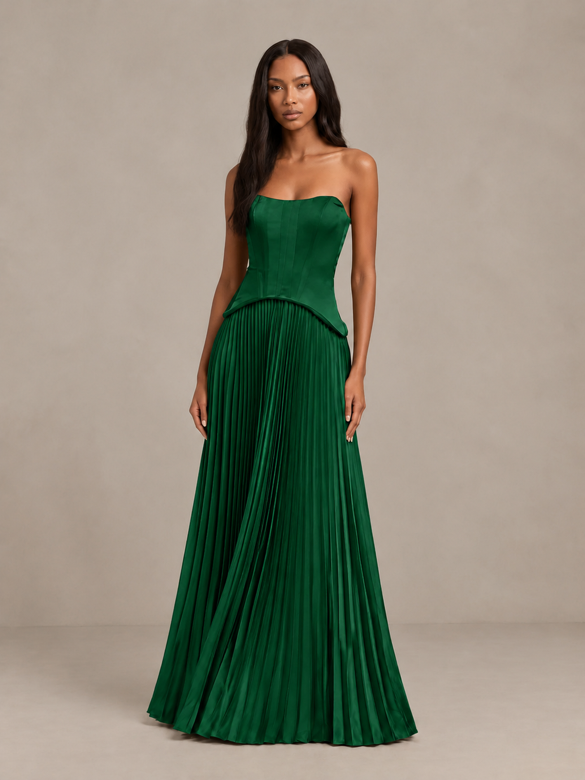 BOLODOO Emerald Green Strapless Pleated Satin Evening Prom Dress - Emerald Green