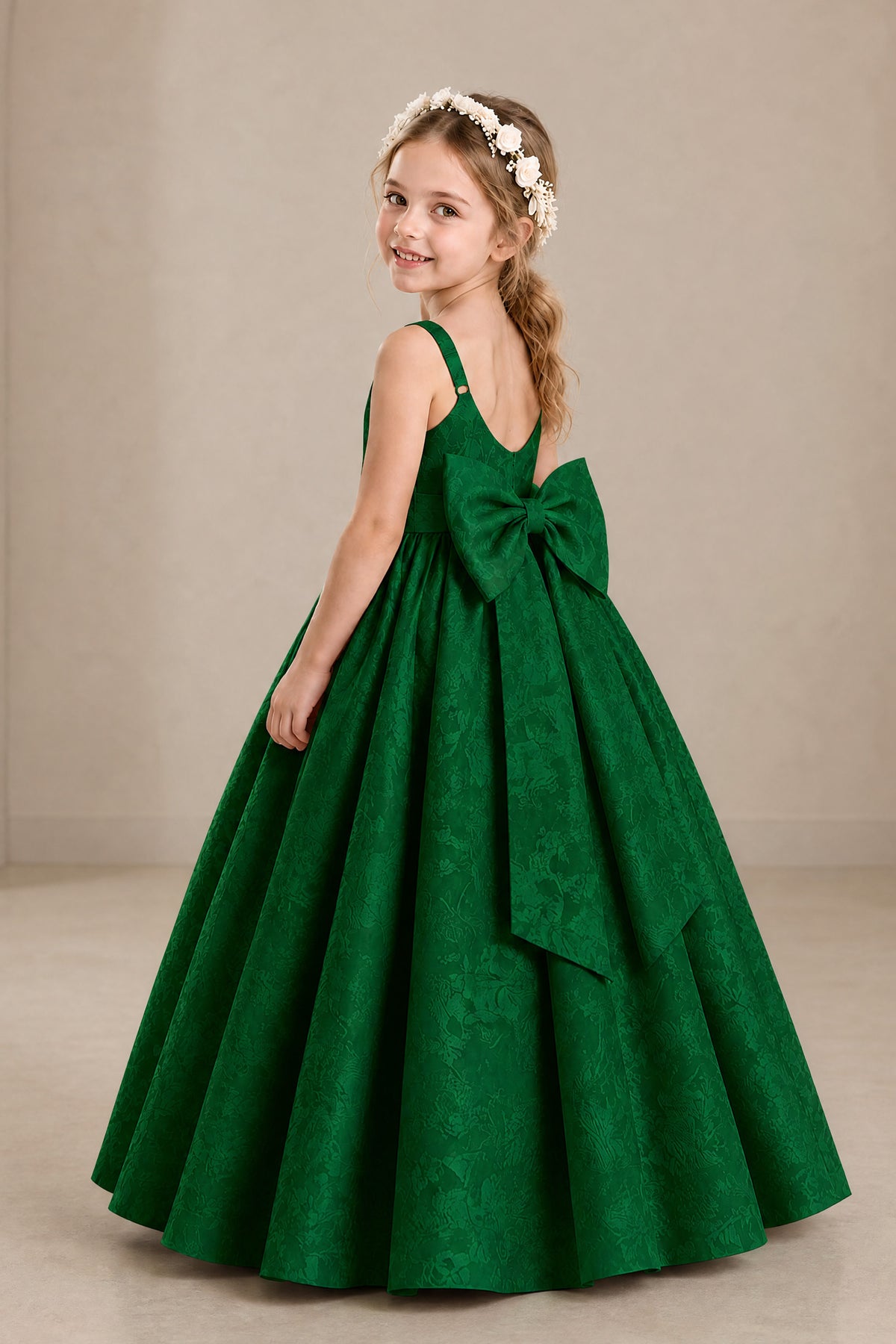 BOLODOO Emerald Green Girls' A-Line Flower Girl Dress with Back Bow - Emerald Green