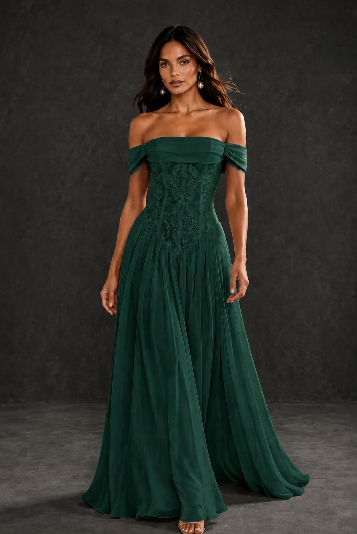 BOLODOO Emerald Green Off-Shoulder Lace Corset Tulle Maxi Dress - Emerald Green