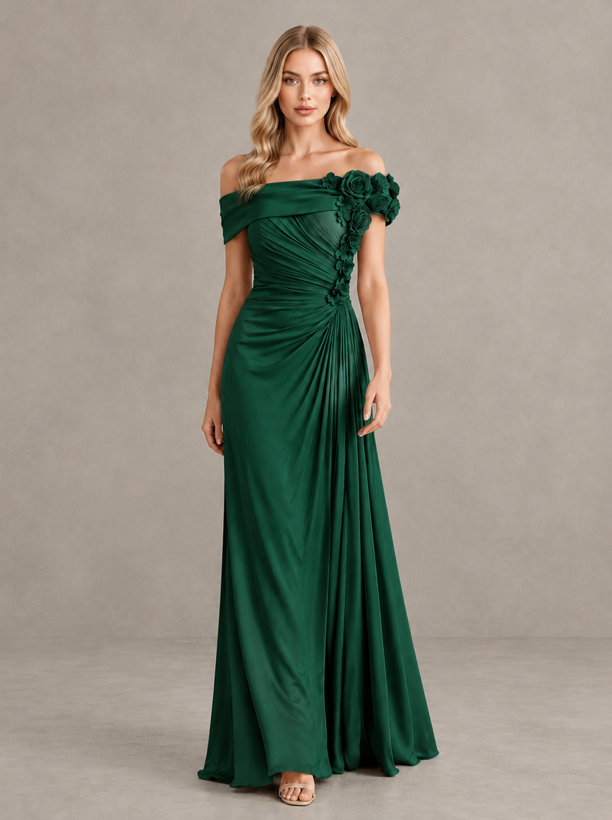 BOLODOO Emerald Green Off-Shoulder Floral Applique Wedding Guest Maxi Dress - Emerald Green - Emerald Green (1)