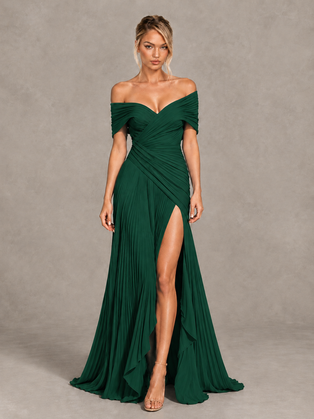 BOLODOO Emerald Green Off-Shoulder Ruched Pleated Maxi Dress with High Slit - Emerald Green - Emerald Green (1)