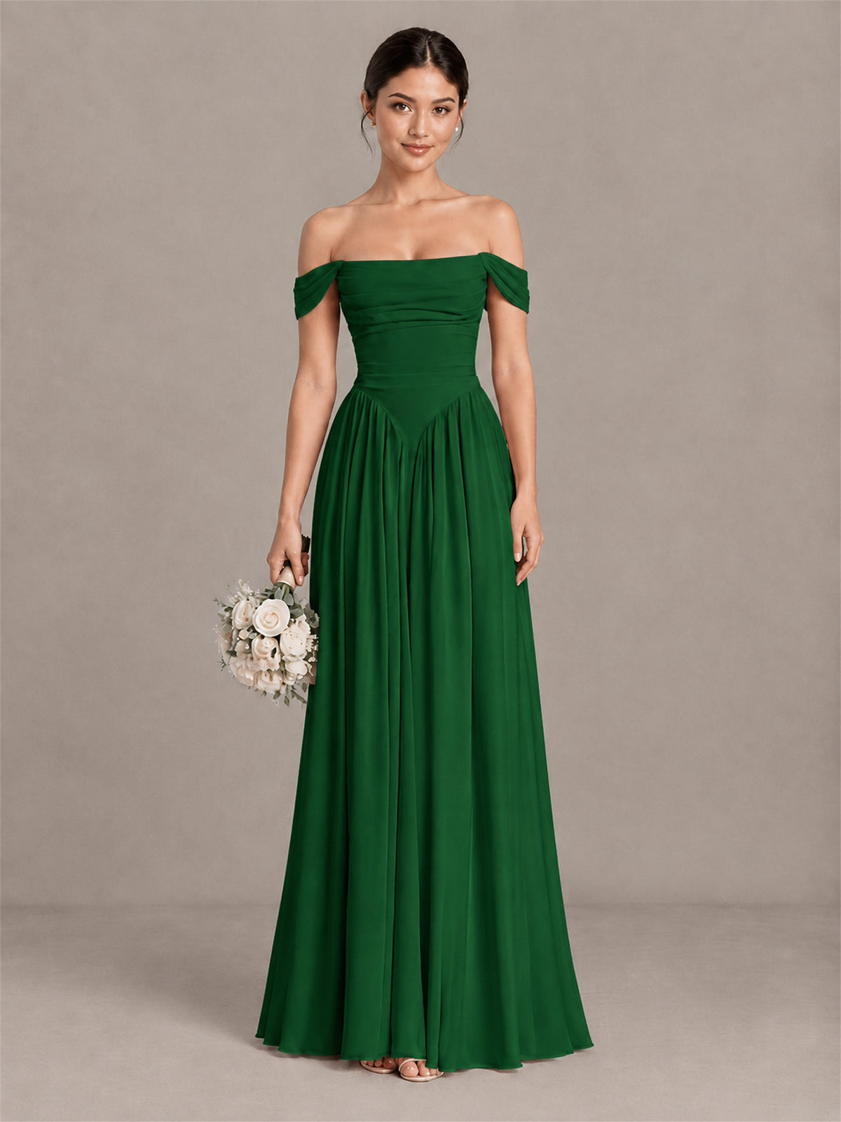 BOLODOO Emerald Green Off-Shoulder Chiffon A-Line Bridesmaid Dress - Emerald Green