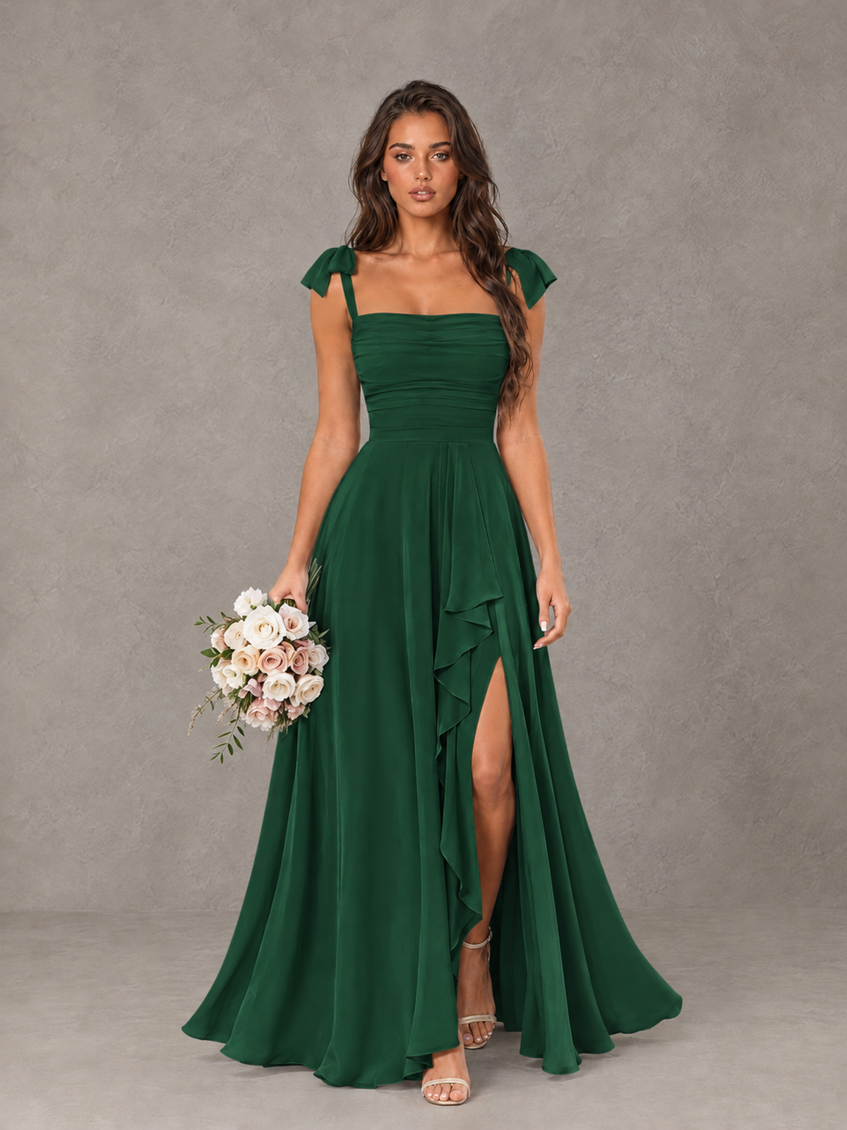 BOLODOO Emerald Green Bow-Strap Bridesmaid Dress with Ruffle Slit - Emerald Green - Emerald Green (1)