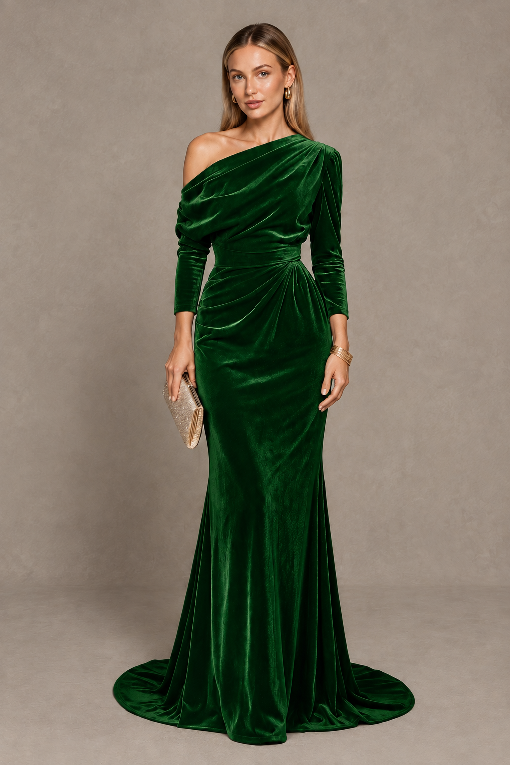 BOLODOO Emerald Green Velvet One-Shoulder Long Sleeve Evening Gown - Emerald Green