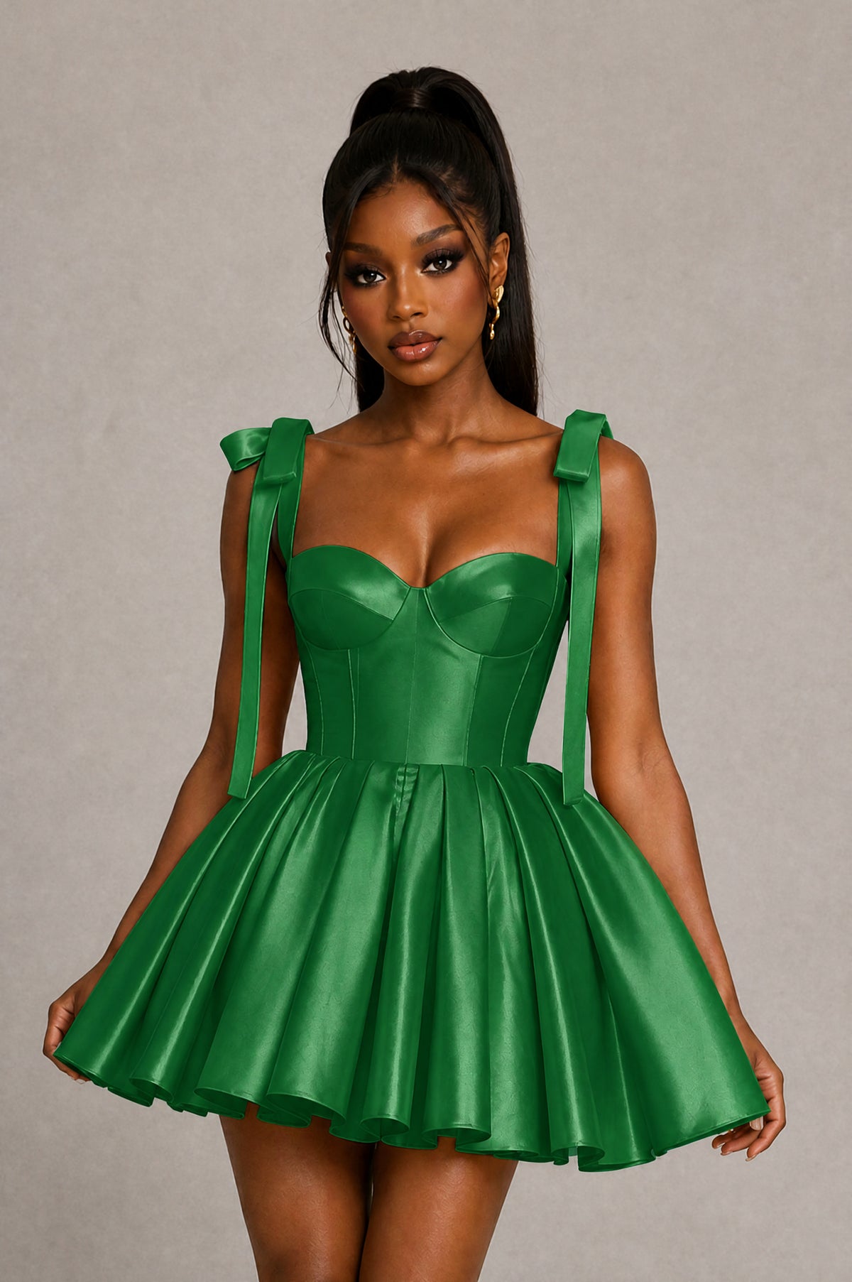 BOLODOO Emerald Green Satin Sweetheart Corset Bow Strap Lace-Up Open Back Full Skirt Mini Dress | Prom Cocktail Party Dress - Emerald Green