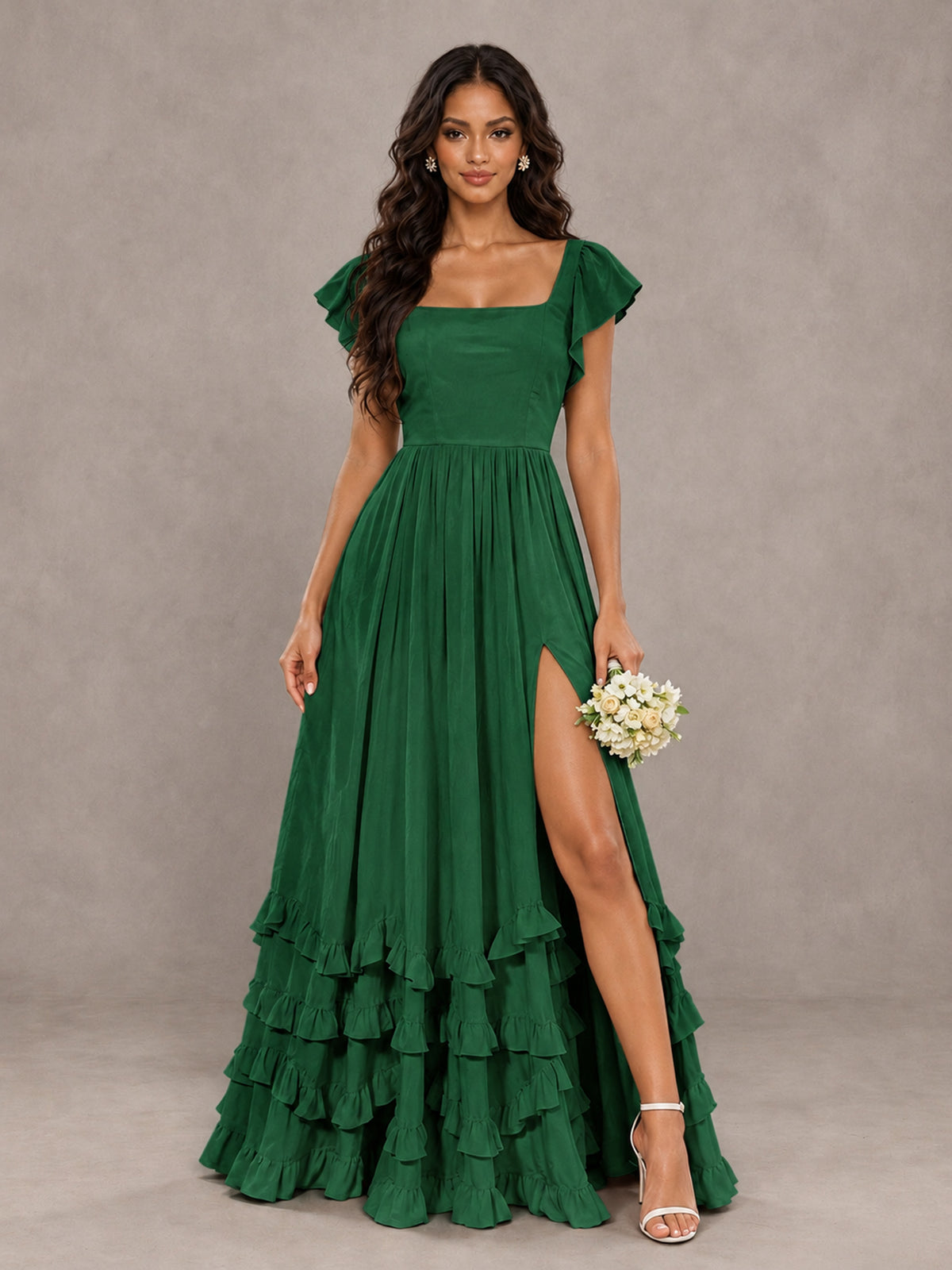 BOLODOO Emerald Green Flutter Sleeve Ruffle Bridesmaid Dress with Slit - Emerald Green - Emerald Green (1)