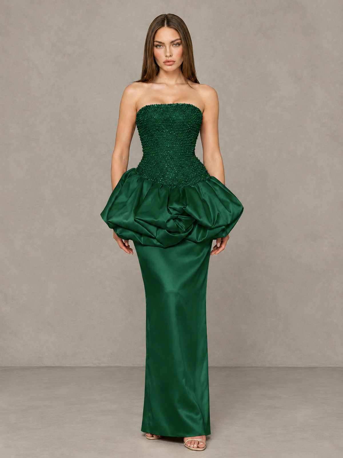BOLODOO Emerald Green Strapless Embellished Bubble Peplum Evening Dress - Emerald Green - Emerald Green (1)