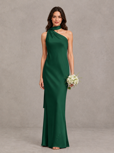 BOLODOO Emerald Green Satin One-Shoulder Bridesmaid Dress with Open Back - Emerald Green - Emerald Green (1)