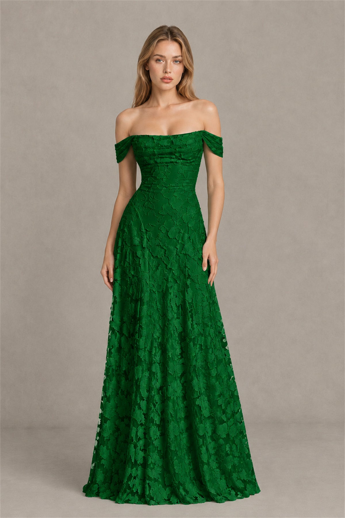 BOLODOO Emerald Green Off-Shoulder Pleated A-Line Maxi Dress Floral - Emerald Green