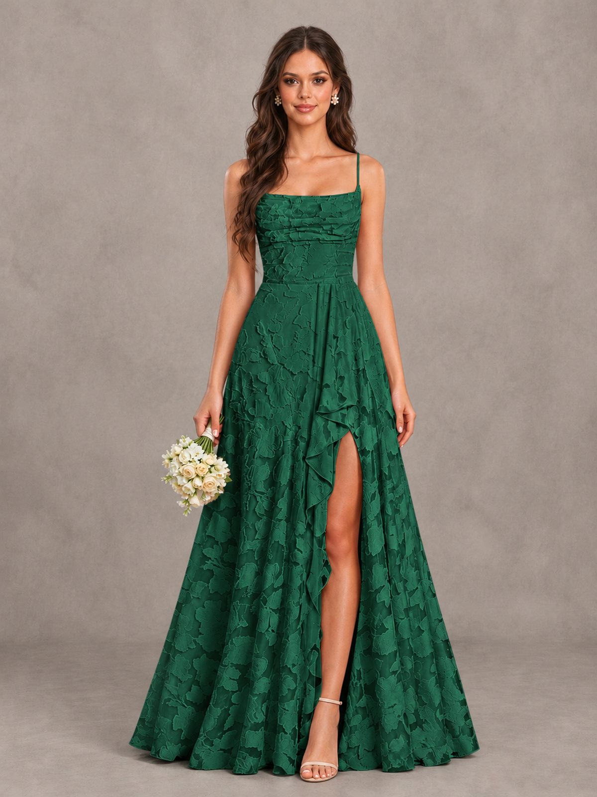 BOLODOO Emerald Green Floral Appliqué Slit Maxi Dress - Emerald Green - Emerald Green (1)