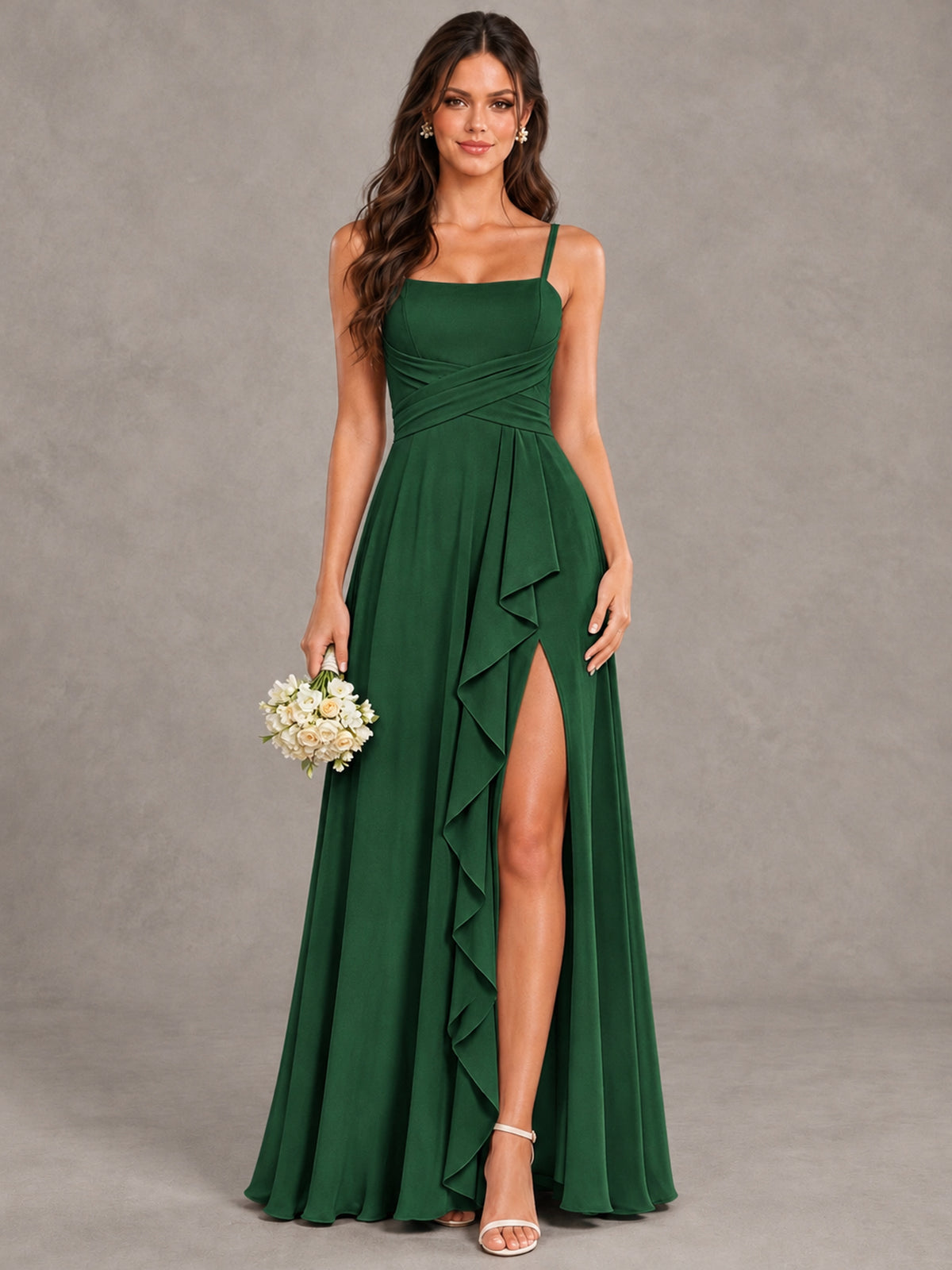 BOLODOO Emerald Green Spaghetti Strap Ruffle Bridesmaid Dress with Slit - Emerald Green - Emerald Green (1)