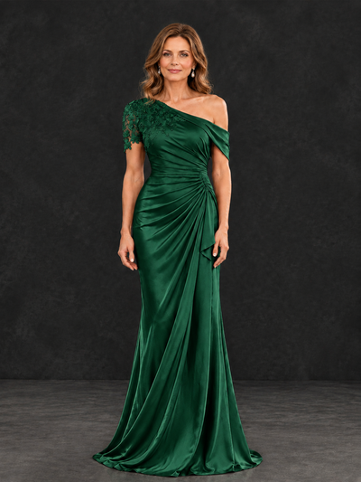 BOLODOO Emerald Green Asymmetric Satin Mother of the Bride Dress with Lace Sleeve - Emerald Green - Emerald Green (1)