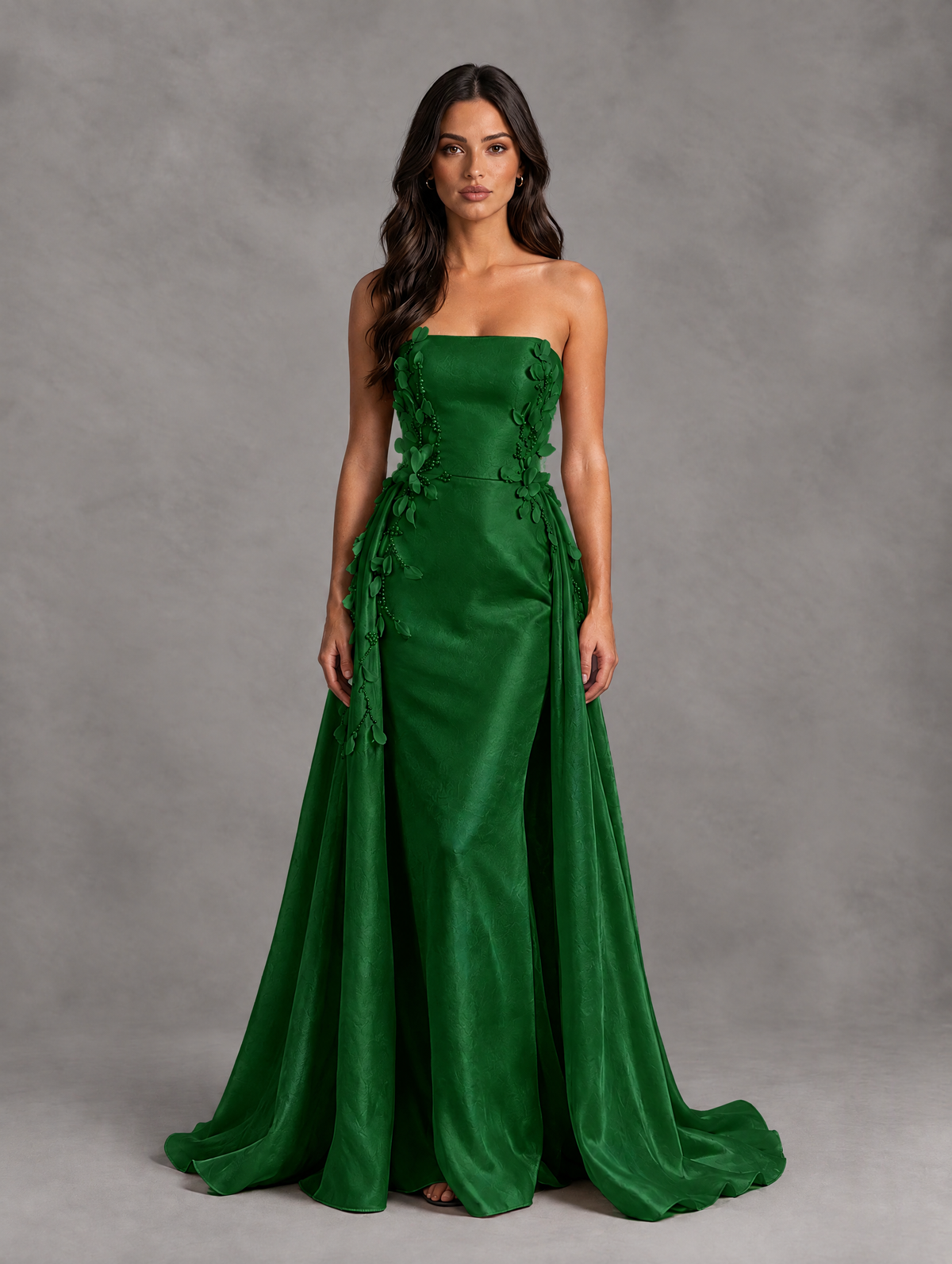 BOLODOO Emerald Green Strapless Floral Applique Prom Dress with Overskirt - Emerald Green - Emerald Green (1)
