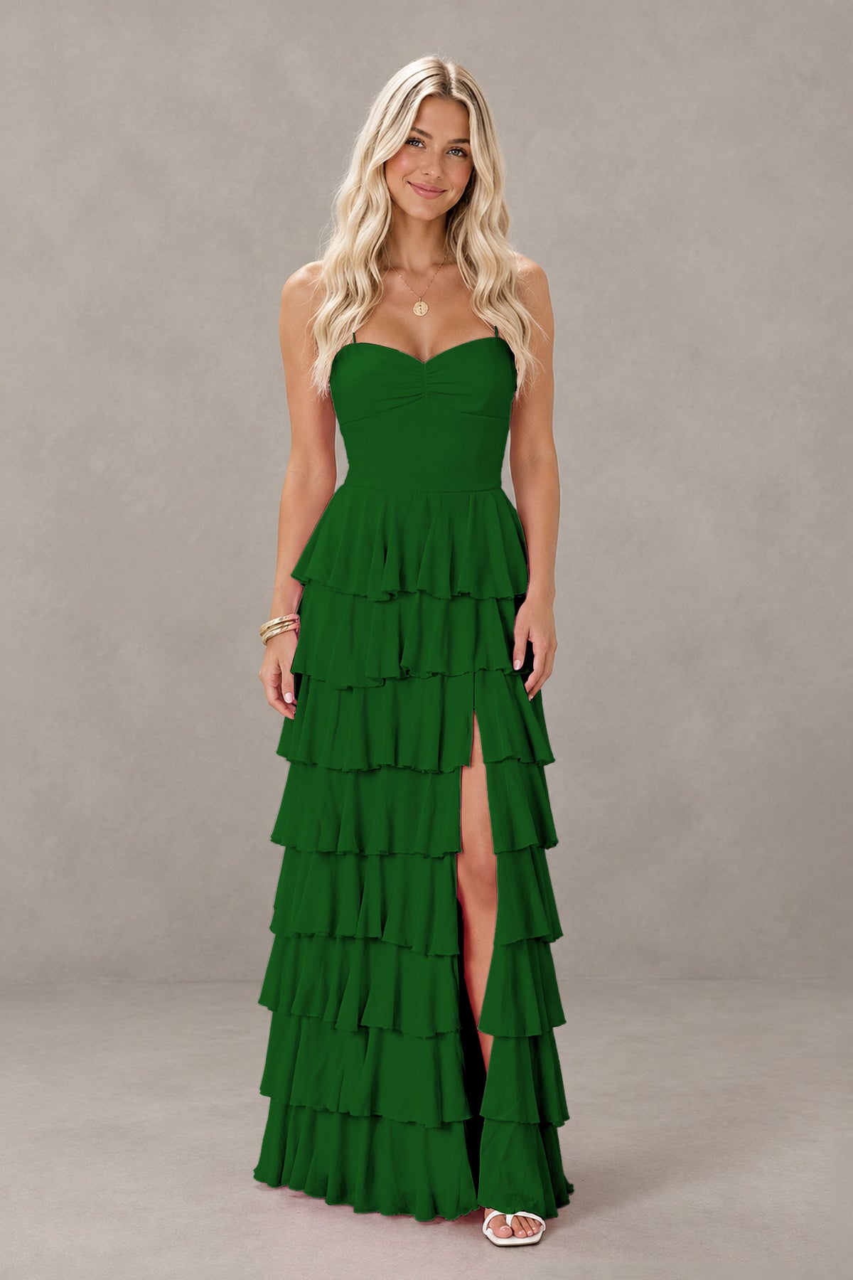 BOLODOO Emerald Green Strapless Tiered Ruffle Maxi Dress with Slit & Lace-Up Back - Emerald Green