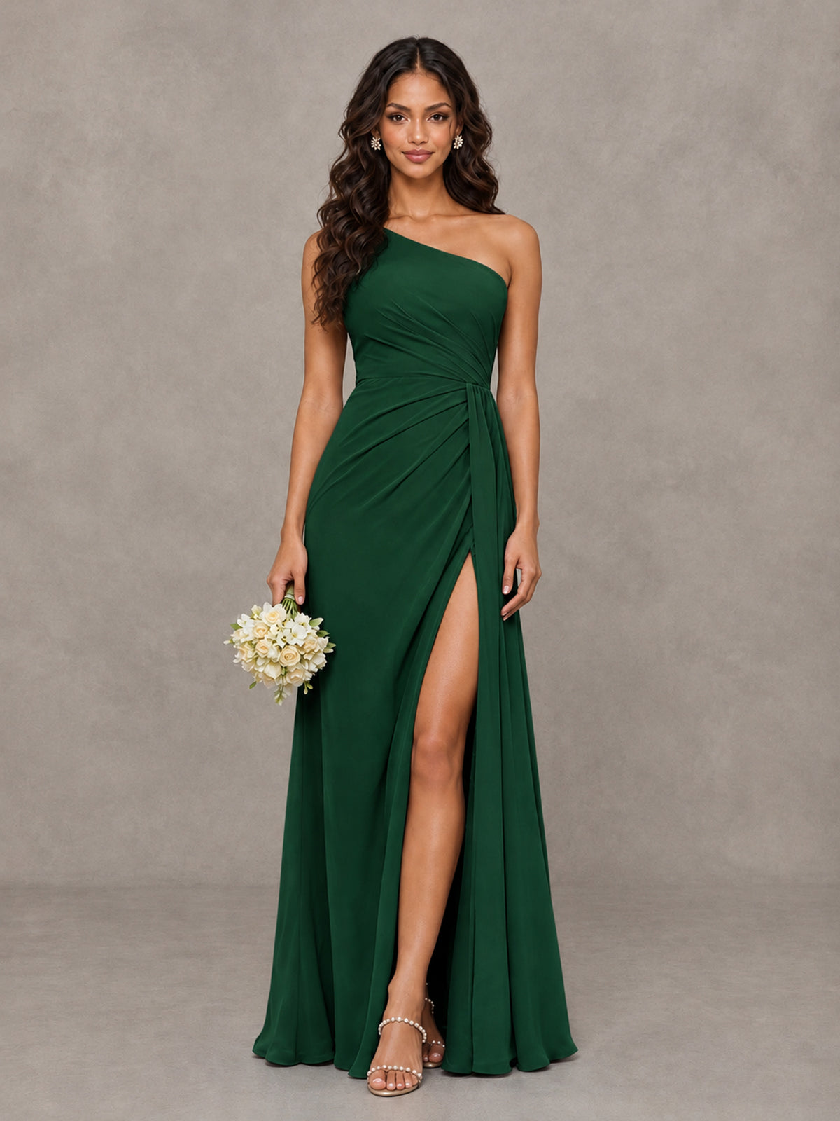 BOLODOO Emerald Green One-Shoulder Chiffon Bridesmaid Dress with Ruched Bodice & High Slit - Emerald Green - Emerald Green (1)