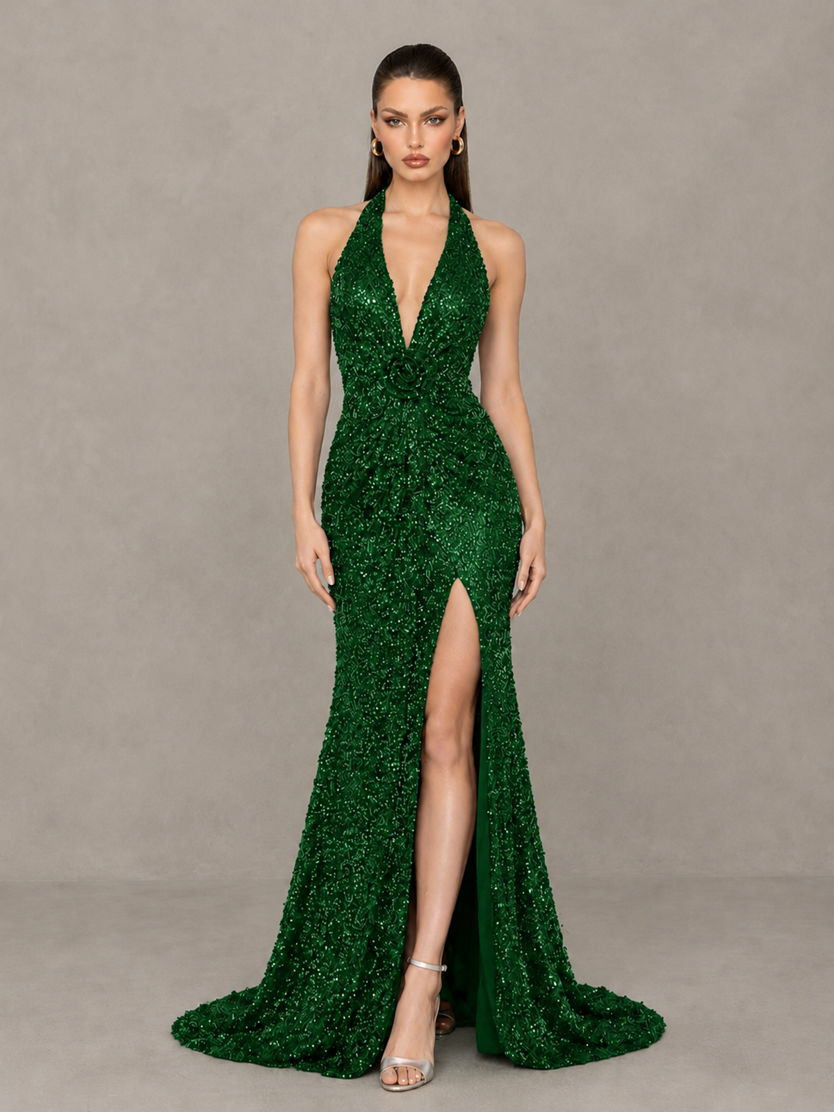 BOLODOO Emerald Green Sequin Halter Open Back Evening Gown with High Slit - Emerald Green - Emerald Green (1)