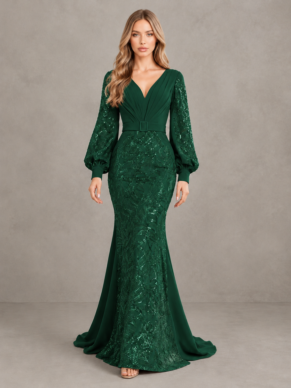 BOLODOO Emerald Green Sequin Long Bishop Sleeve Mermaid Evening Dress - Emerald Green - Emerald Green (1)