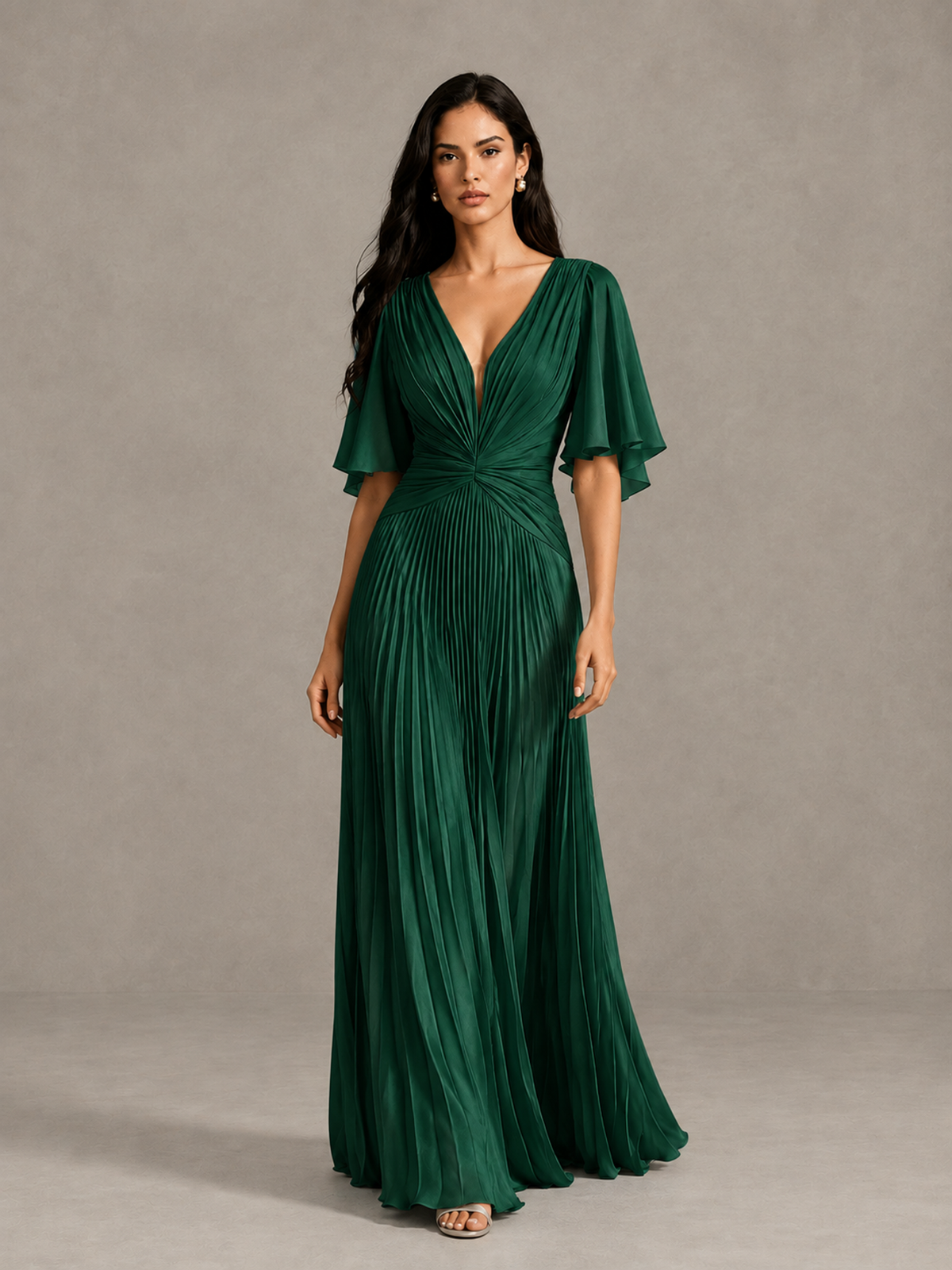 BOLODOO Emerald Green Pleated V-Neck Flutter Sleeve Bridesmaid Dress - Emerald Green - Emerald Green (1)