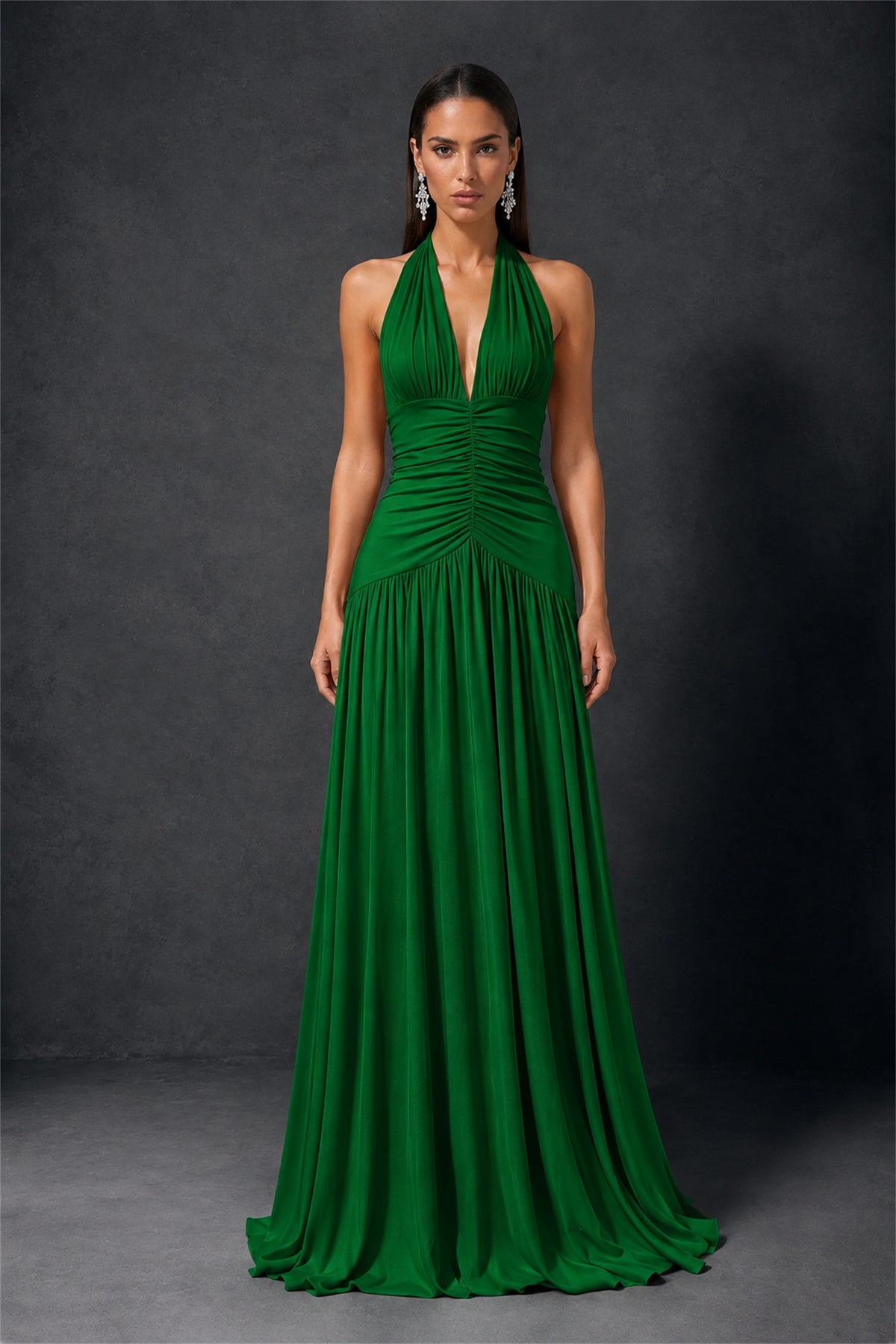 BOLODOO Emerald Green Halter Deep V-Neck Ruched Chiffon Open Back Maxi Dress with Draped Neck Tie - Emerald Green