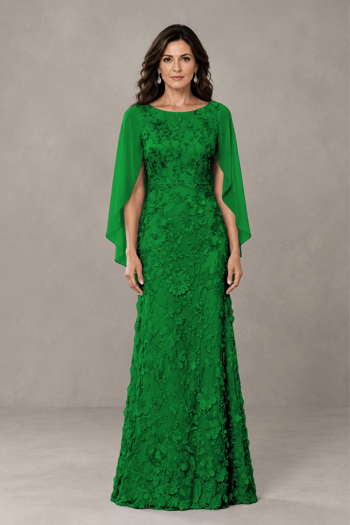 BOLODOO Emerald Green Lace Mother of the Bride Dress with Cape Sleeves - Emerald Green