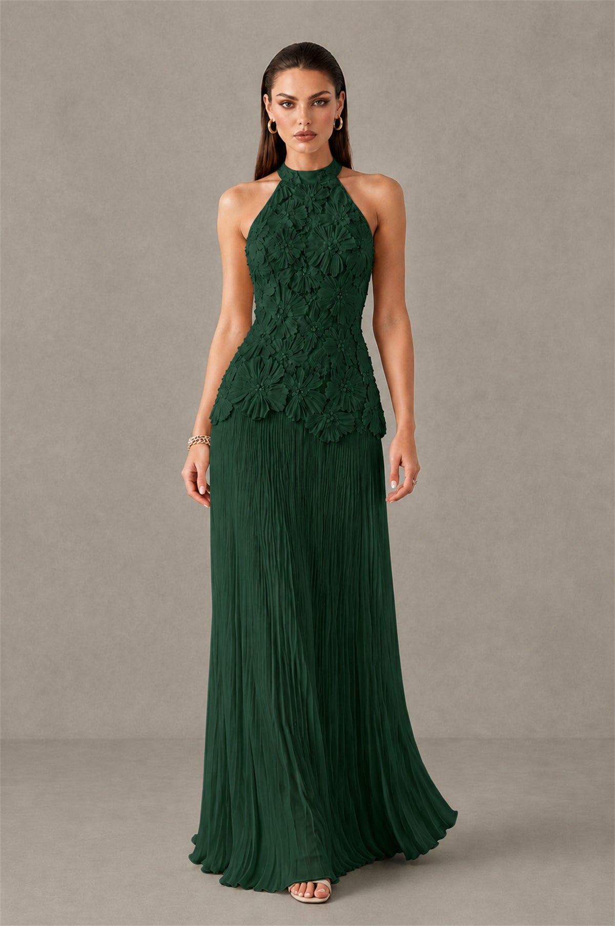 BOLODOO Emerald Green 3D Floral Applique Halter Neck Open Back Pleated Maxi Dress - Emerald Green