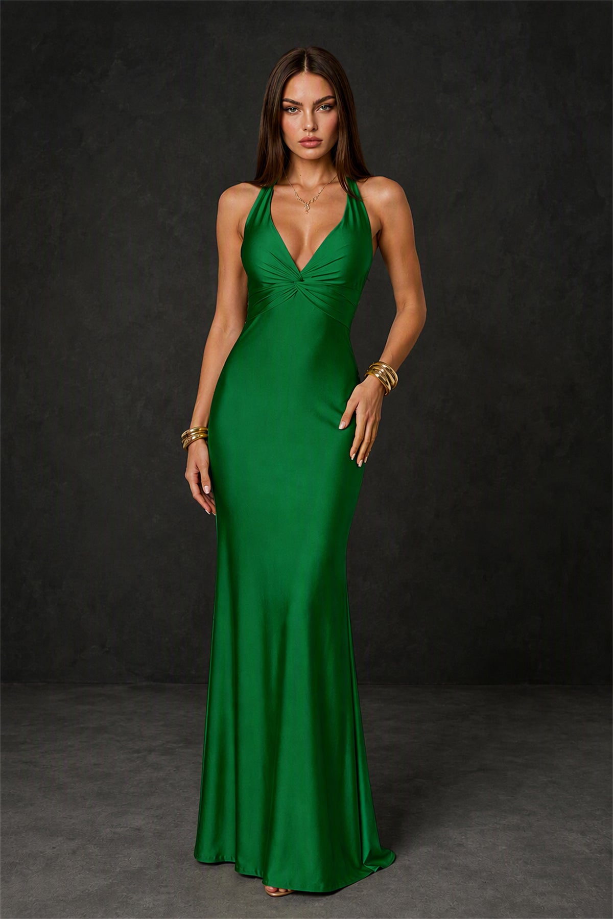 BOLODOO Emerald Green Deep V Neck Twisted Knot Multi-Strap Halter Open Back Satin Mermaid Maxi Dress - Emerald Green