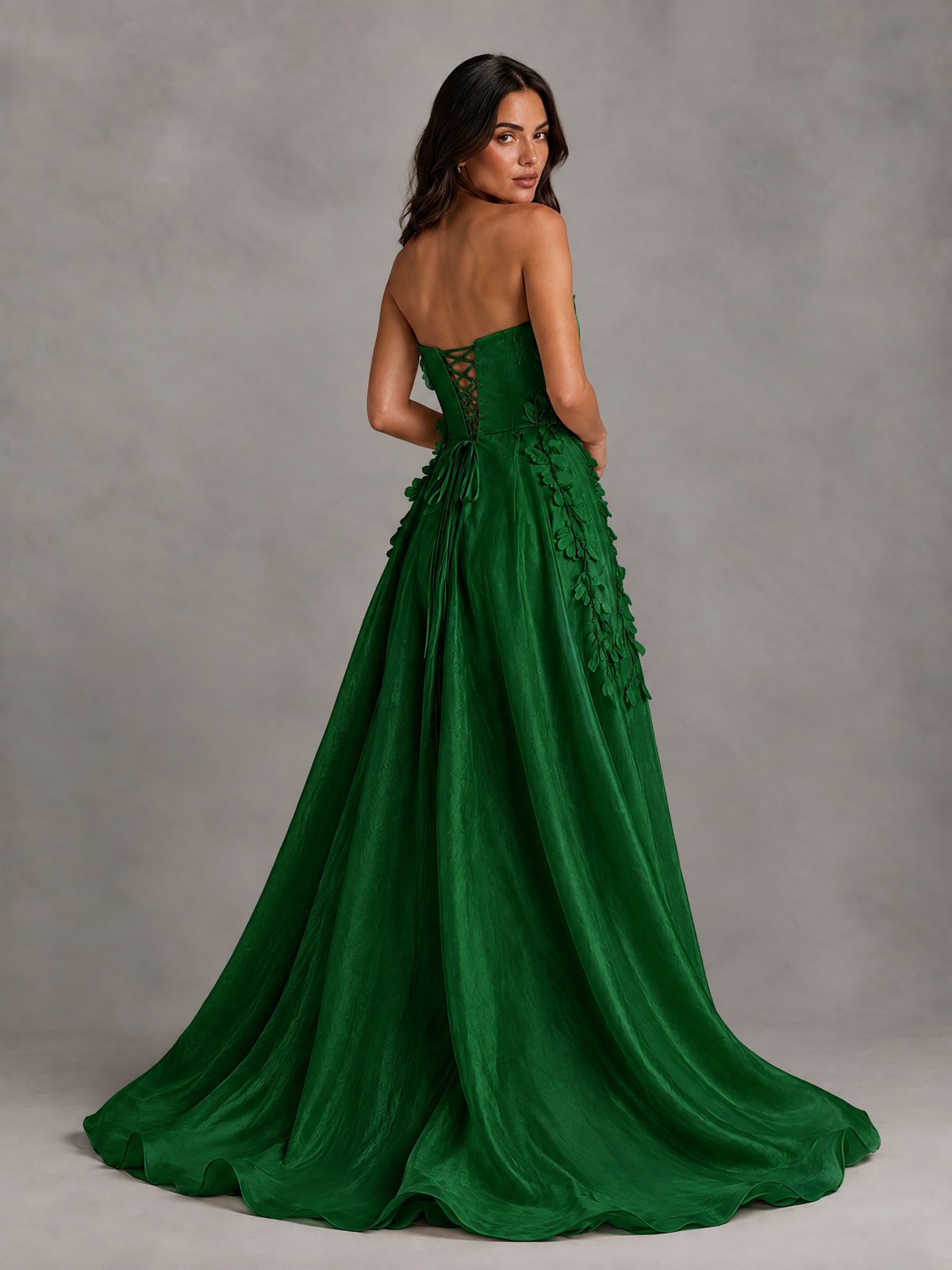 BOLODOO Emerald Green Strapless Floral Applique Prom Dress with Overskirt - Emerald Green - Emerald Green (2)