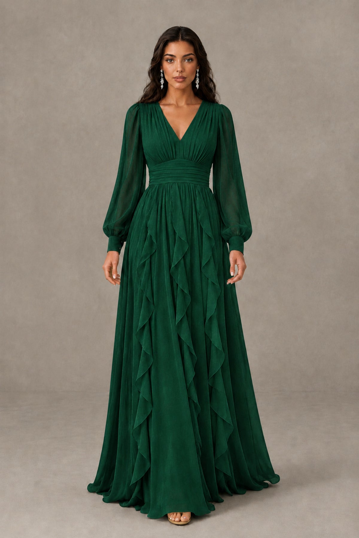 BOLODOO Emerald Green Long Sleeve V-Neck Ruffle Maxi Dress - Emerald Green - Emerald Green (2)