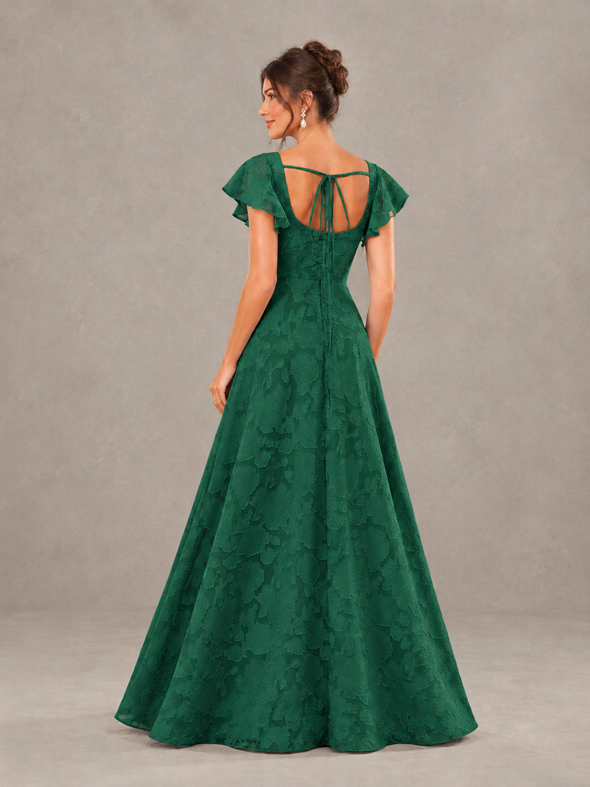 BOLODOO Emerald Green Floral Flutter Sleeve Bridesmaid Dress with Slit - Emerald Green - Emerald Green (2)