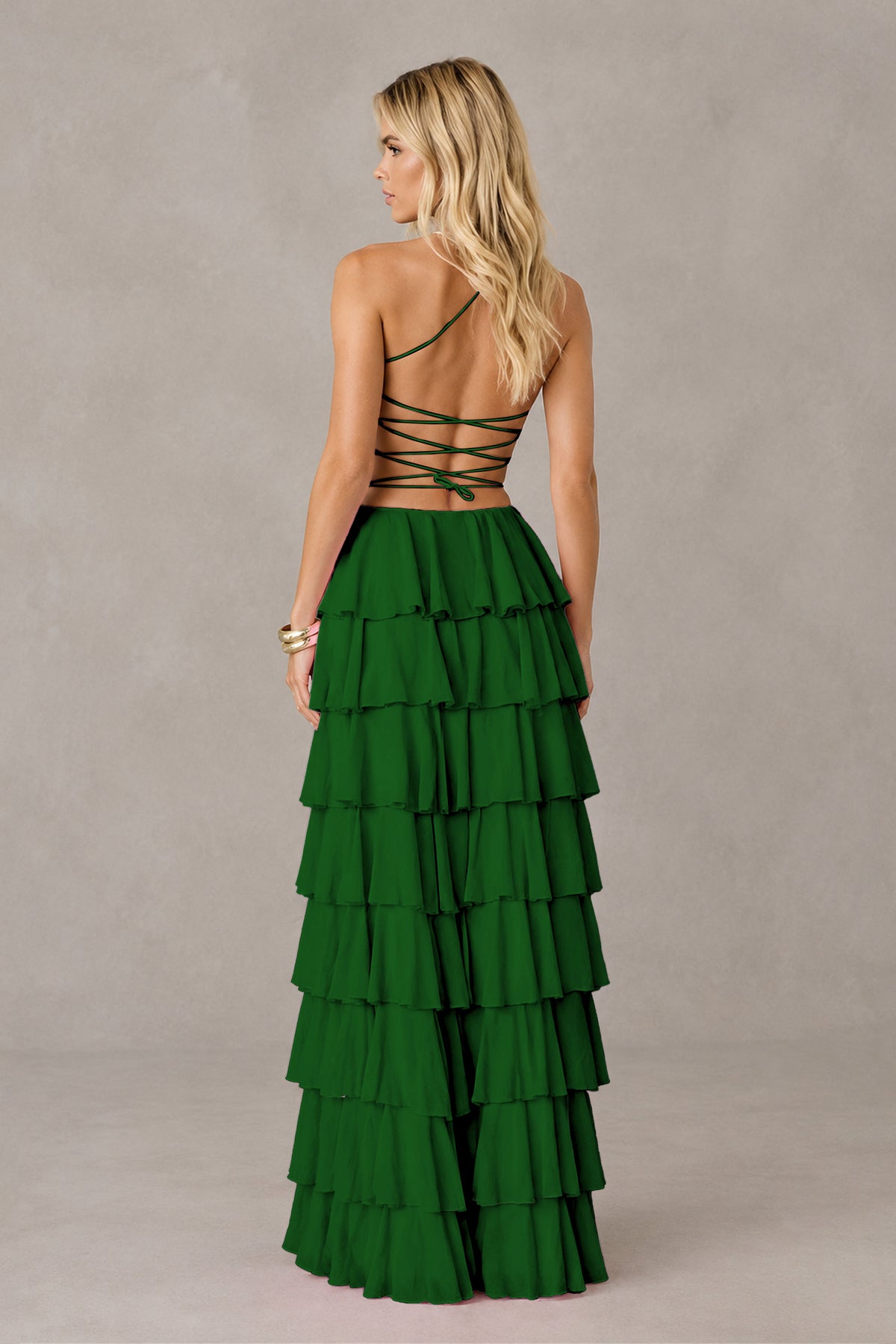 BOLODOO Emerald Green Strapless Tiered Ruffle Maxi Dress with Slit & Lace-Up Back - Emerald Green