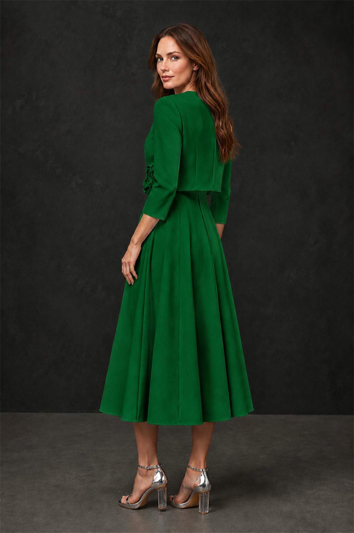 BOLODOO Emerald Green 3D Rosette Appliqué 3/4 Sleeve Jacket & V-Notch Sleeveless A-Line Tea-Length Two-Piece Dress Set - Emerald Green