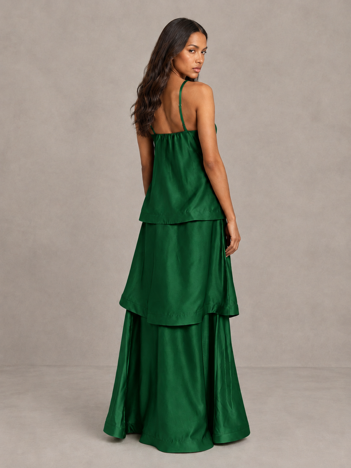 BOLODOO Emerald Green Satin Tiered Maxi Dress with Spaghetti Straps - Emerald Green