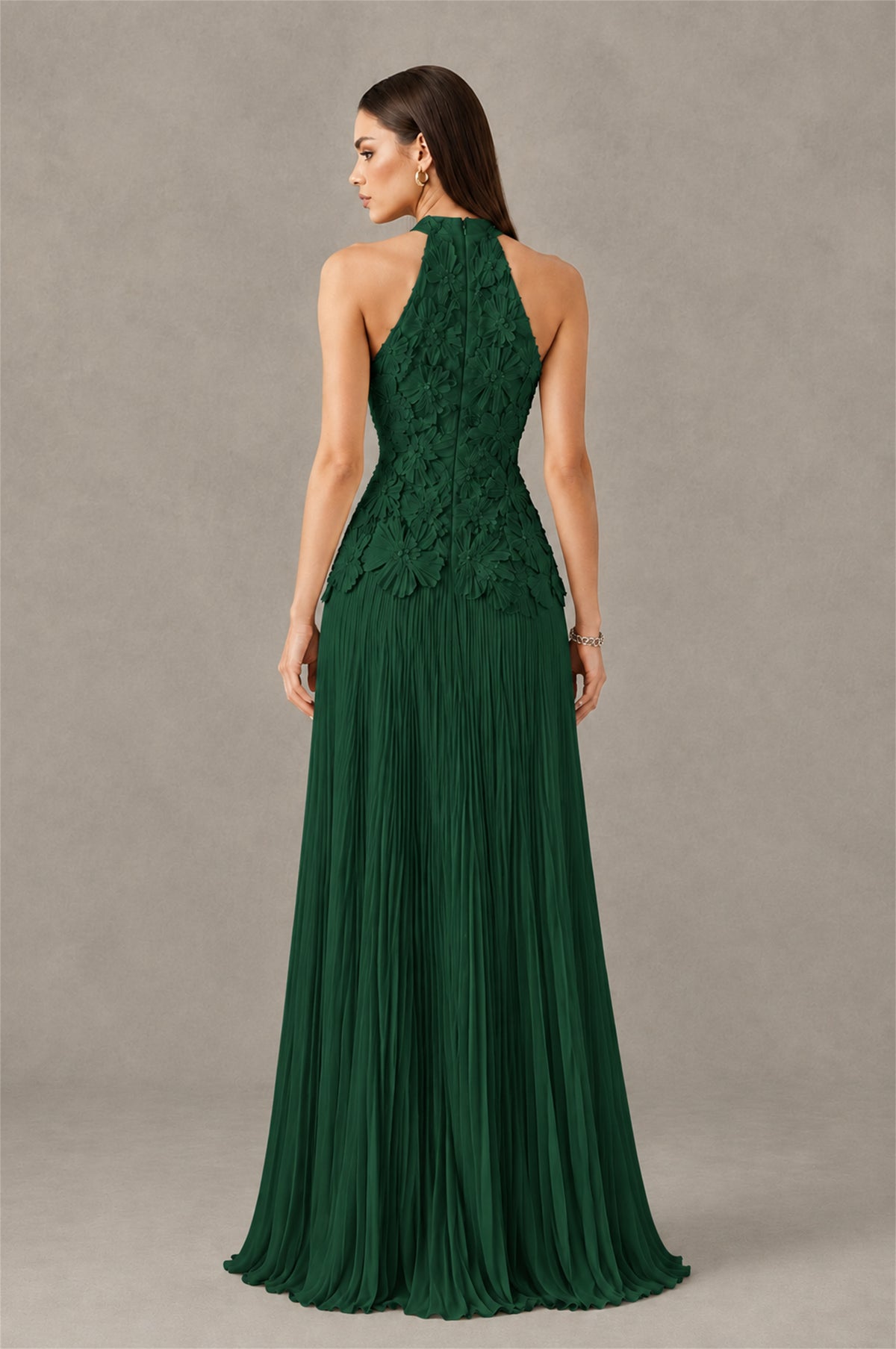 BOLODOO Emerald Green 3D Floral Applique Halter Neck Open Back Pleated Maxi Dress - Emerald Green