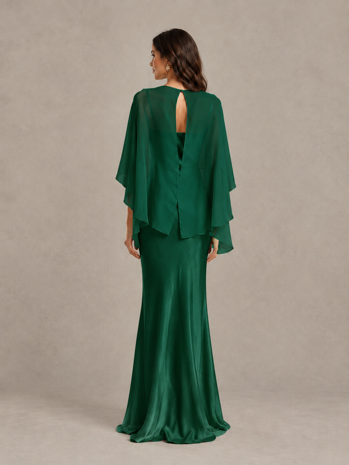BOLODOO Emerald Green Satin Mermaid Bridesmaid Dress with Chiffon Cape - Emerald Green - Emerald Green (2)