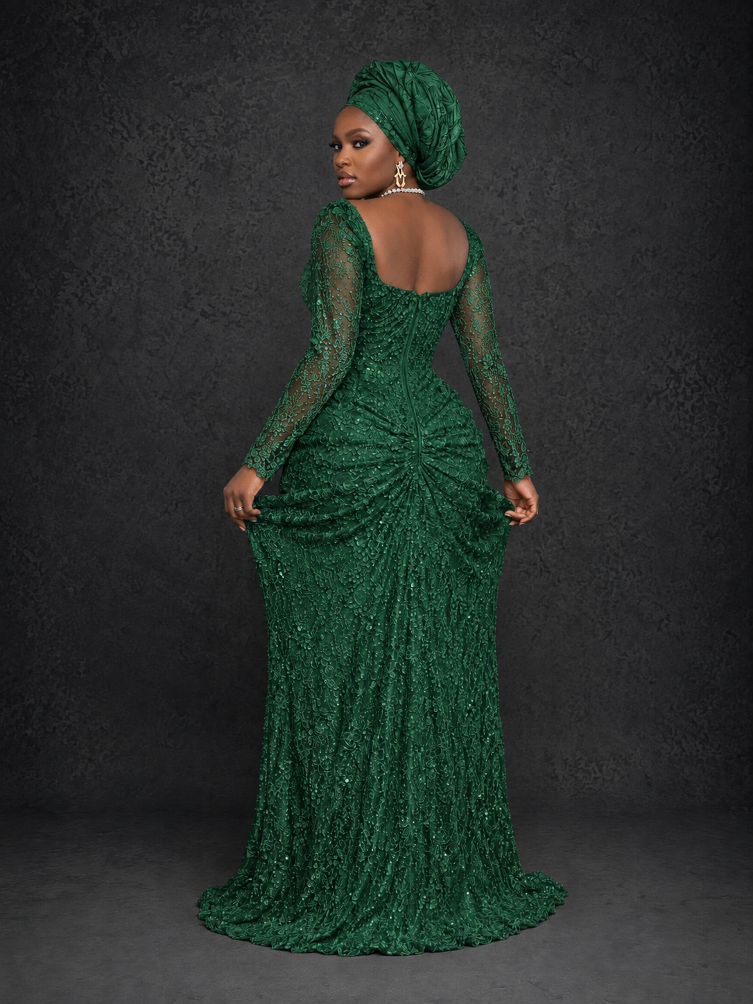 BOLODOO Emerald Green Beaded Lace Long Sleeve Mermaid Gown Sweetheart | Mother of the Bride - Emerald Green