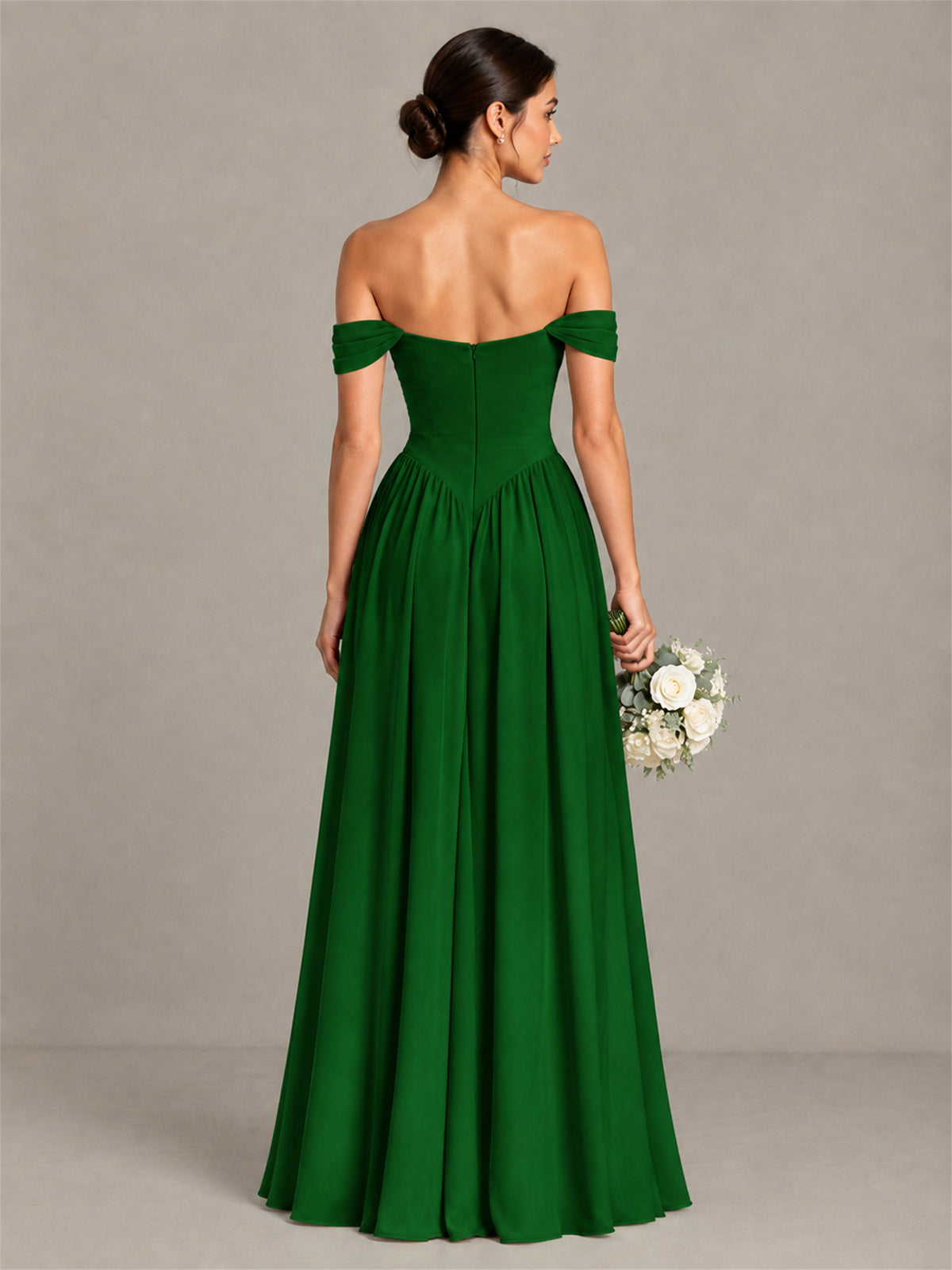BOLODOO Emerald Green Off-Shoulder Chiffon A-Line Bridesmaid Dress - Emerald Green