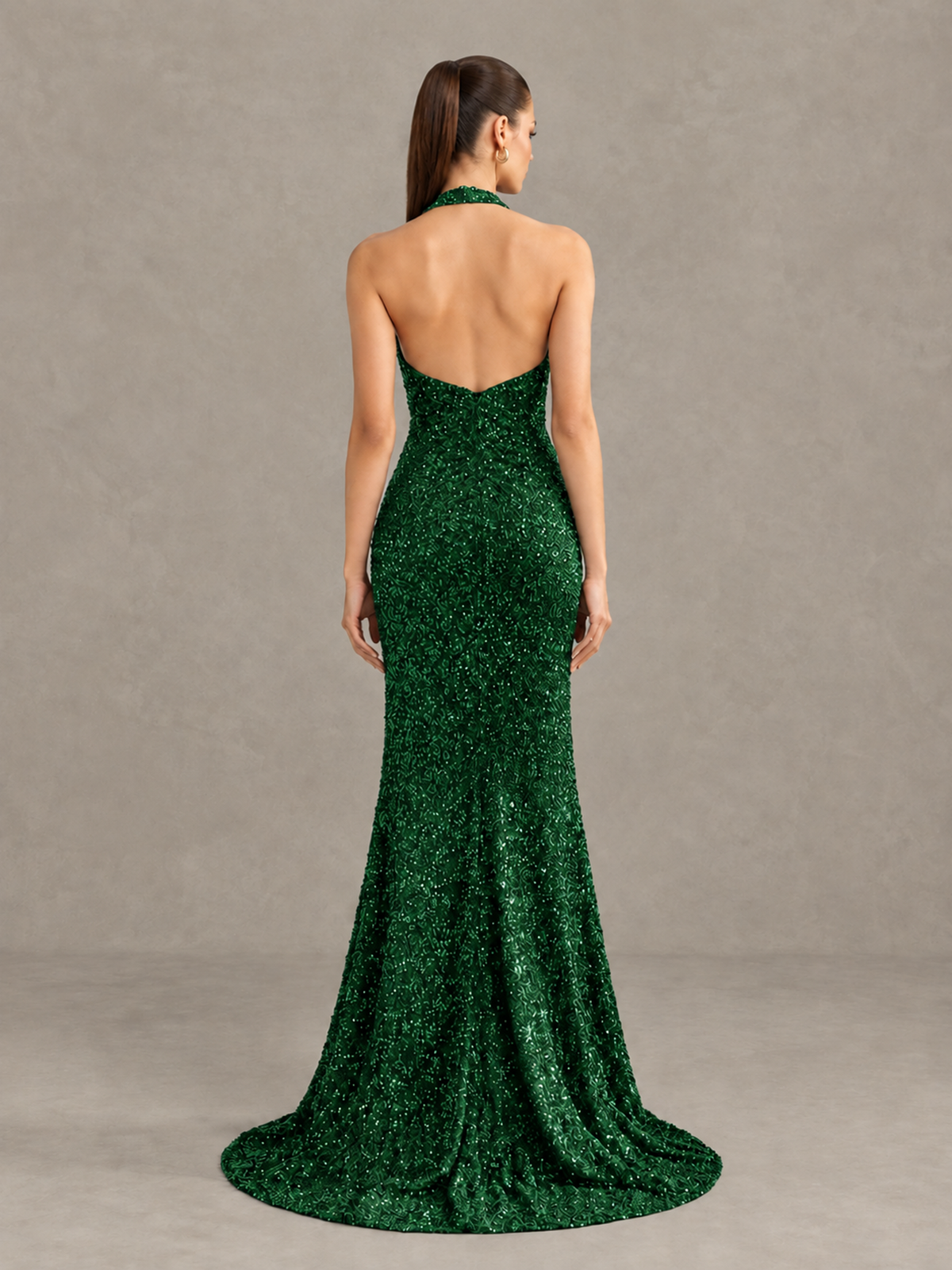 BOLODOO Emerald Green Sequin Halter Open Back Evening Gown with High Slit - Emerald Green - Emerald Green (2)