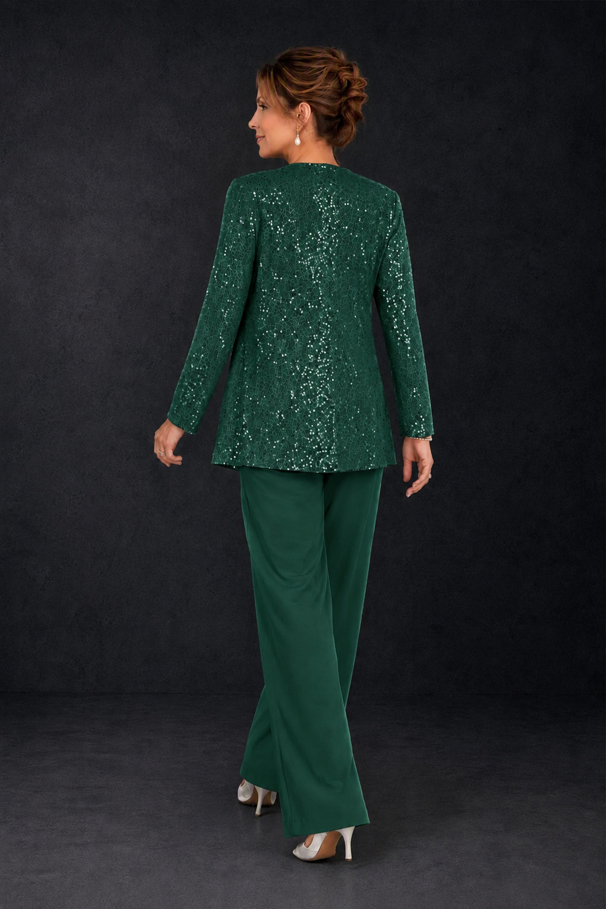 BOLODOO Emerald Green Sequin Lace 3-Piece Pant Suit with Long Sleeve Jacket - Emerald Green - Emerald Green (2)
