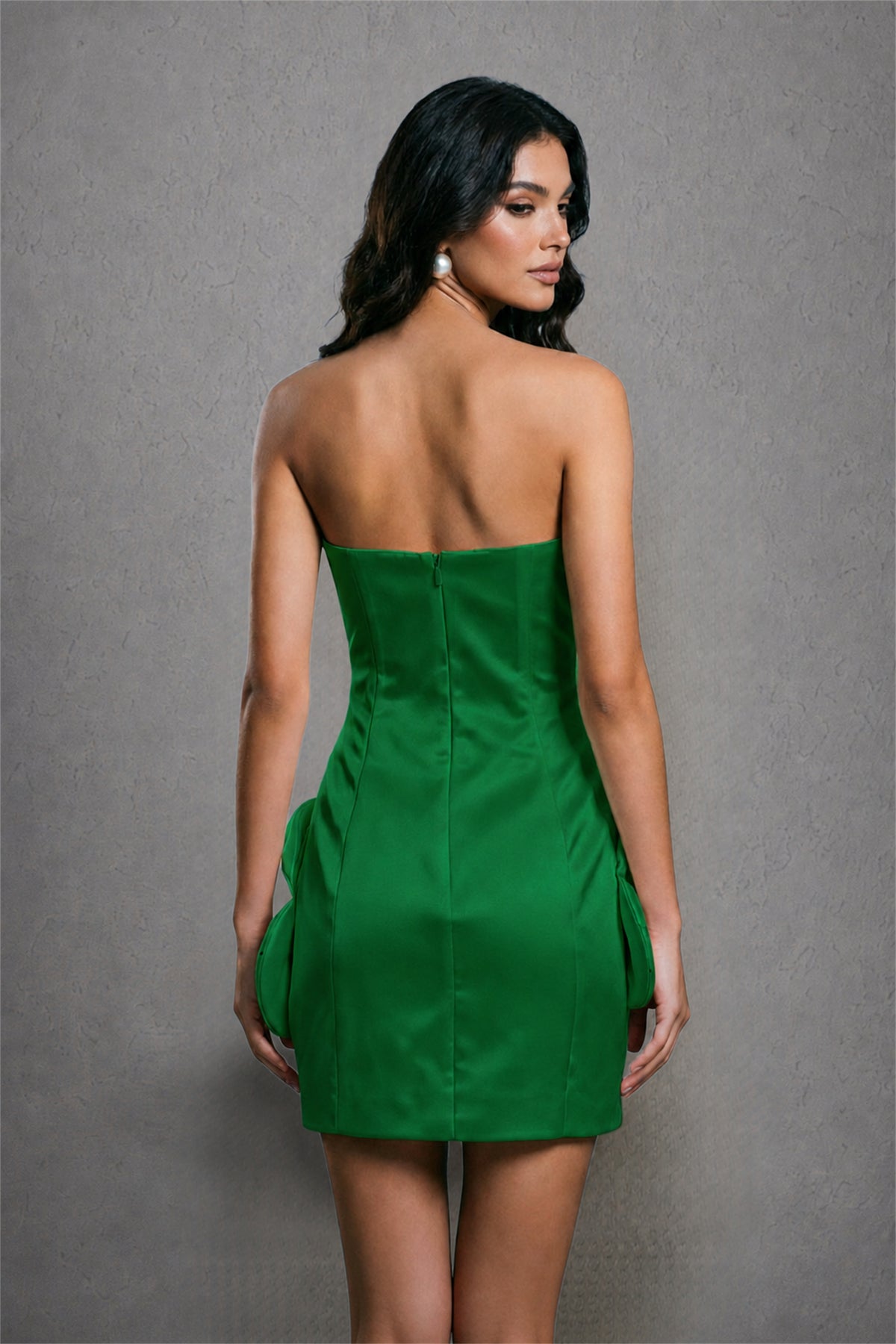 BOLODOO Emerald Green 3D Floral Satin Strapless Mini Wedding Dress - Emerald Green