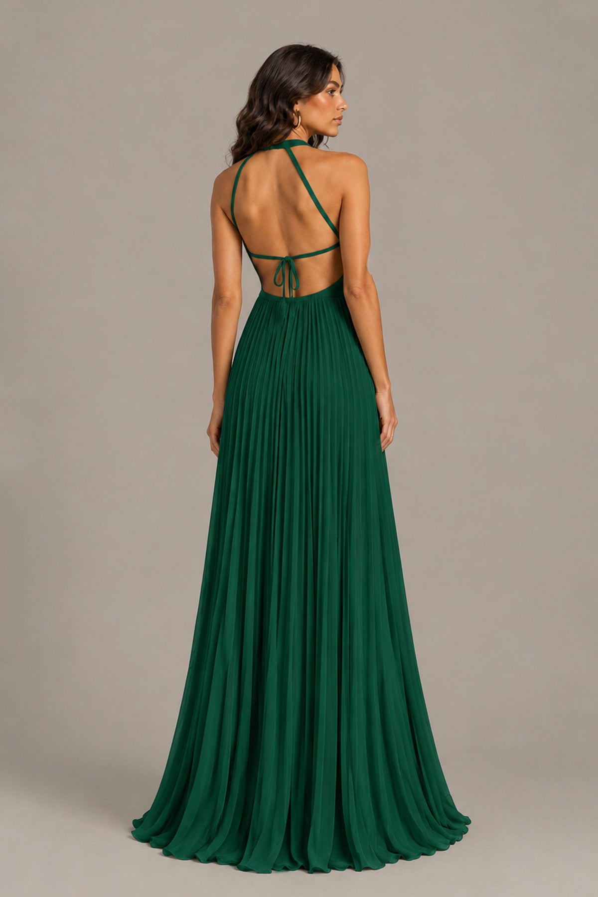BOLODOO Emerald Green Halter Neck Pleated Chiffon Maxi Dress with Side Slit - Emerald Green