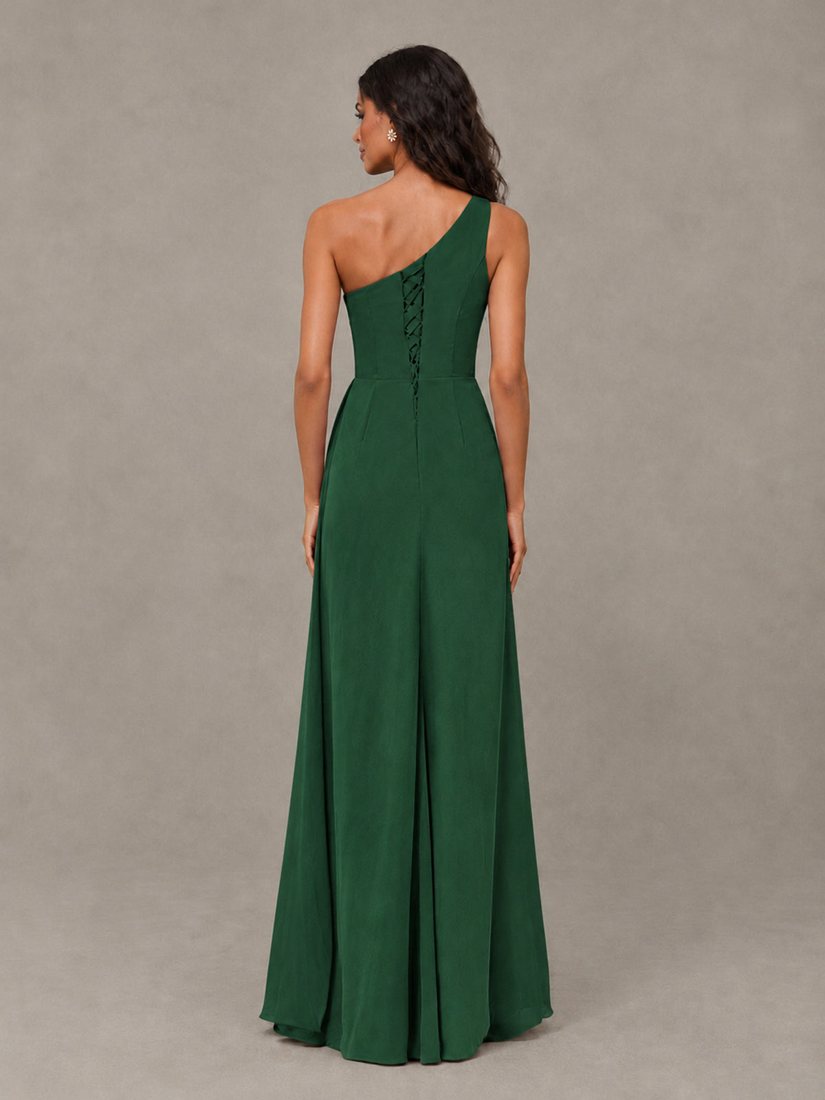 BOLODOO Emerald Green One-Shoulder Chiffon Bridesmaid Dress with Ruched Bodice & High Slit - Emerald Green - Emerald Green (2)