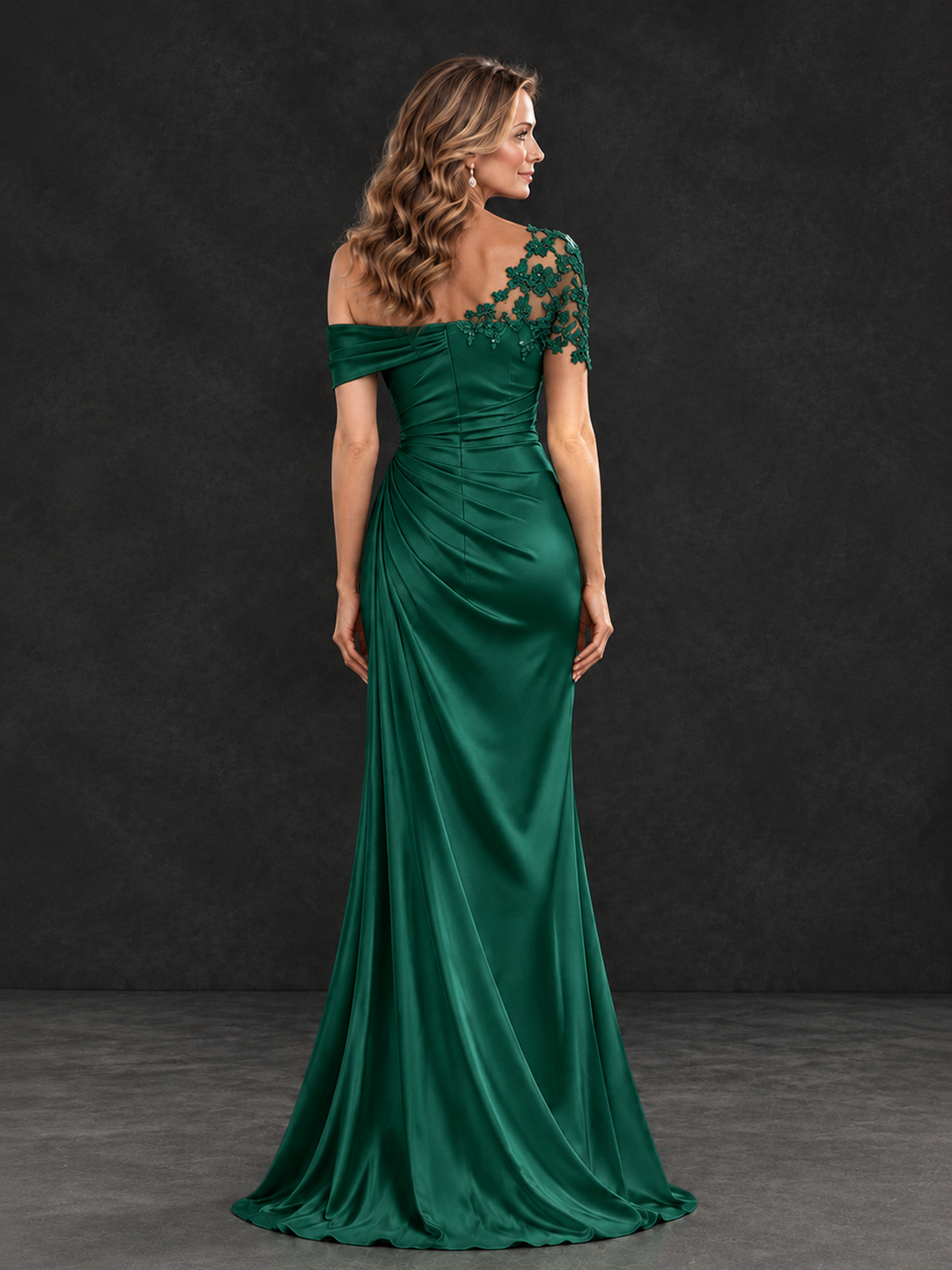 BOLODOO Emerald Green Asymmetric Satin Mother of the Bride Dress with Lace Sleeve - Emerald Green - Emerald Green (2)