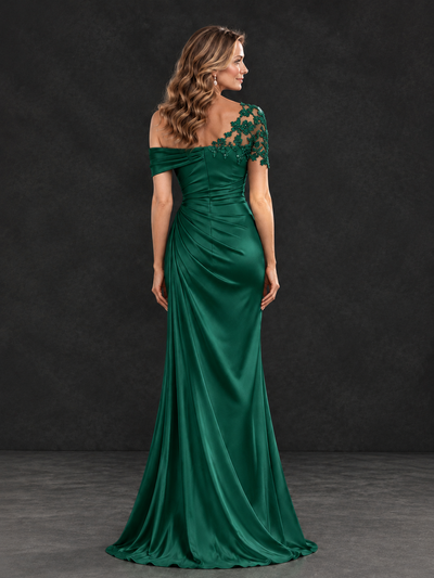 BOLODOO Emerald Green Asymmetric Satin Mother of the Bride Dress with Lace Sleeve - Emerald Green - Emerald Green (2)