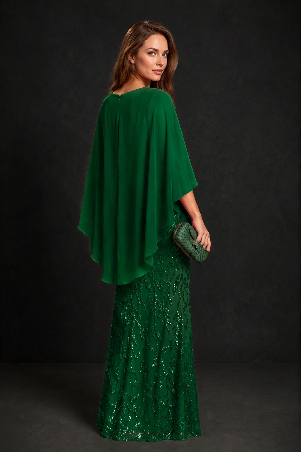 BOLODOO Emerald Green Round Neck Chiffon Cape Overlay Sequin Lace Mermaid Maxi Dress - Emerald Green