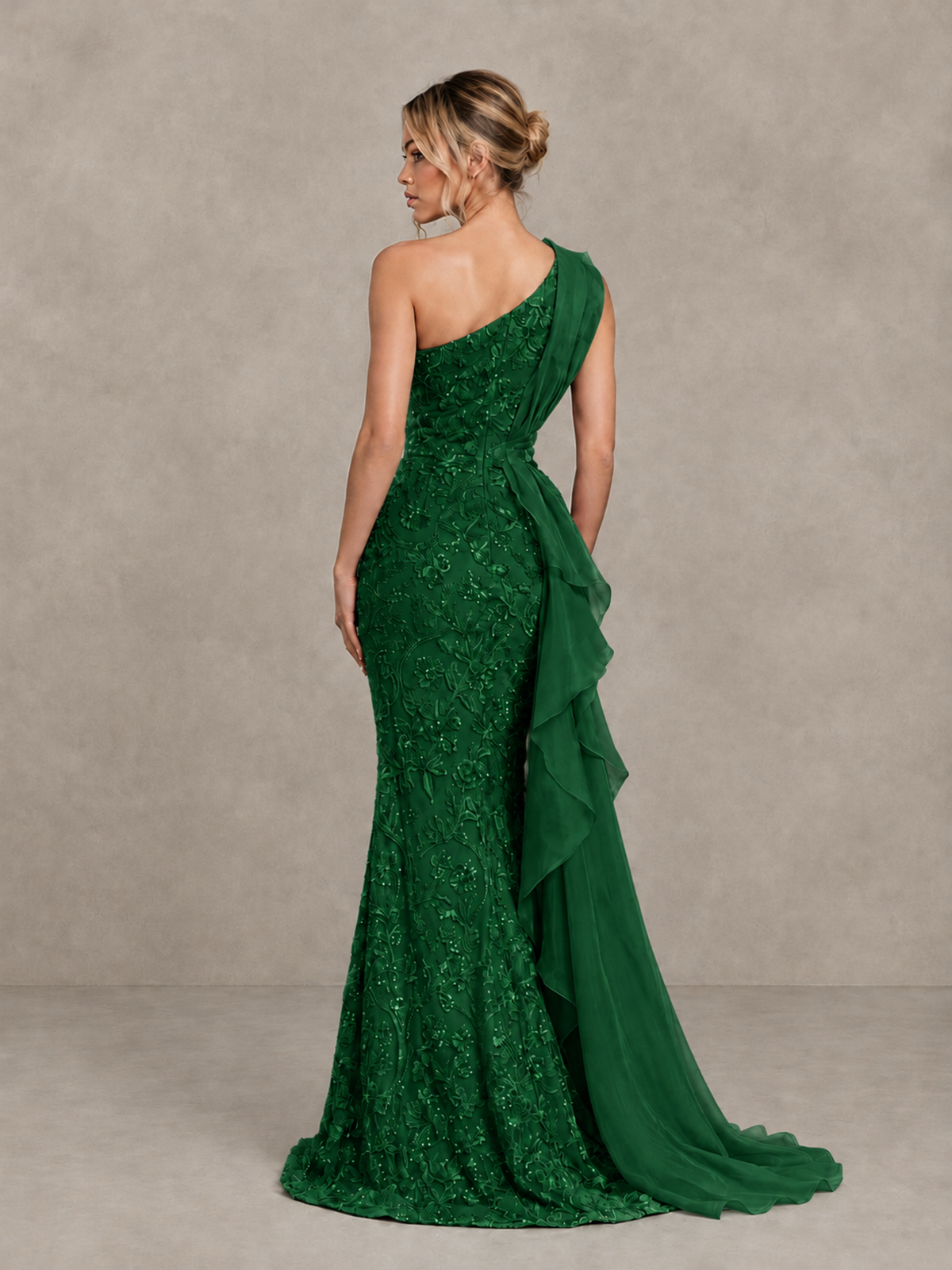 BOLODOO Emerald Green One-Shoulder Floral Lace Evening Gown with High Slit - Emerald Green - Emerald Green (2)